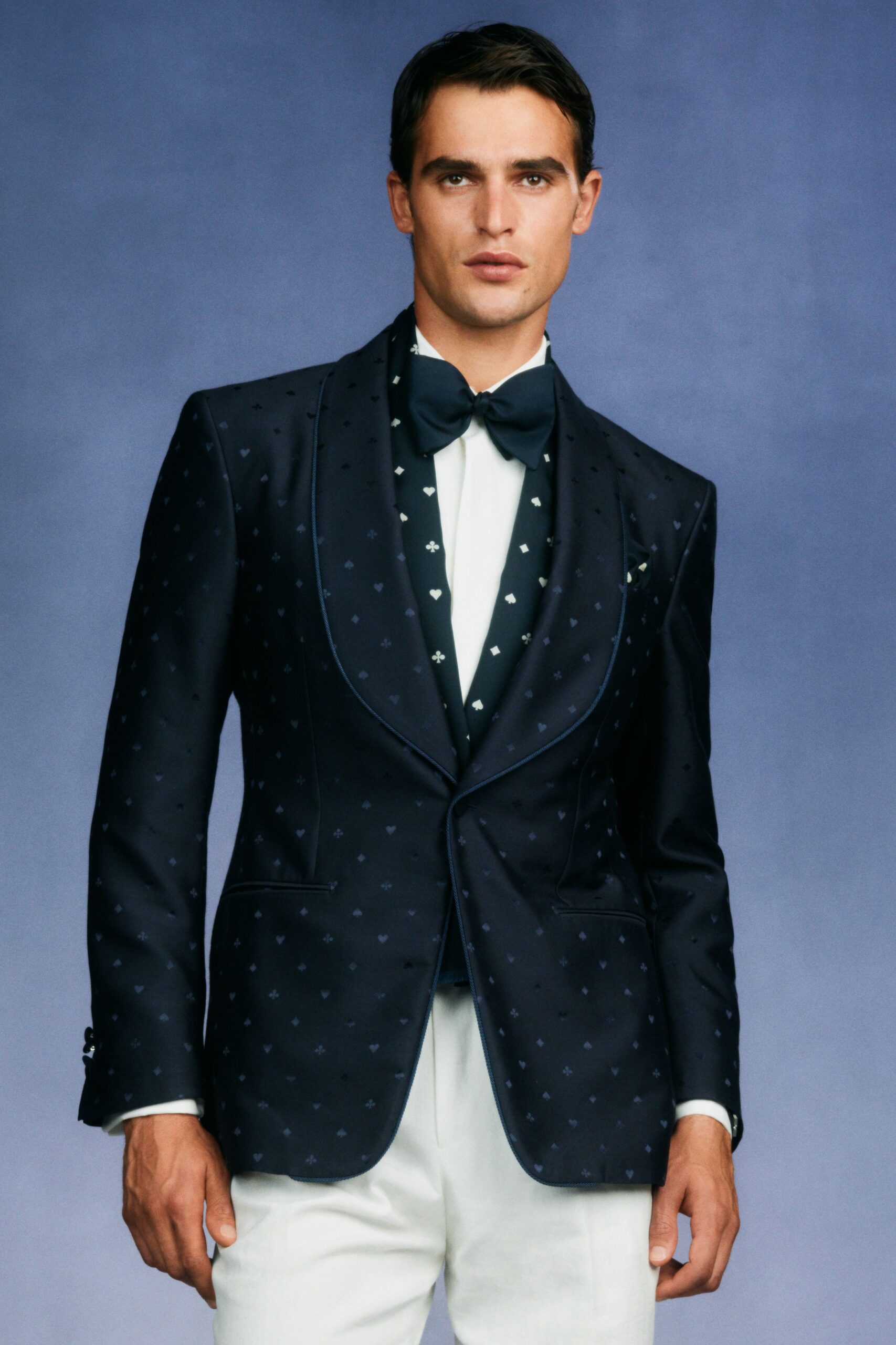 blue silk long-sleeve collared tailored embroidered blazer