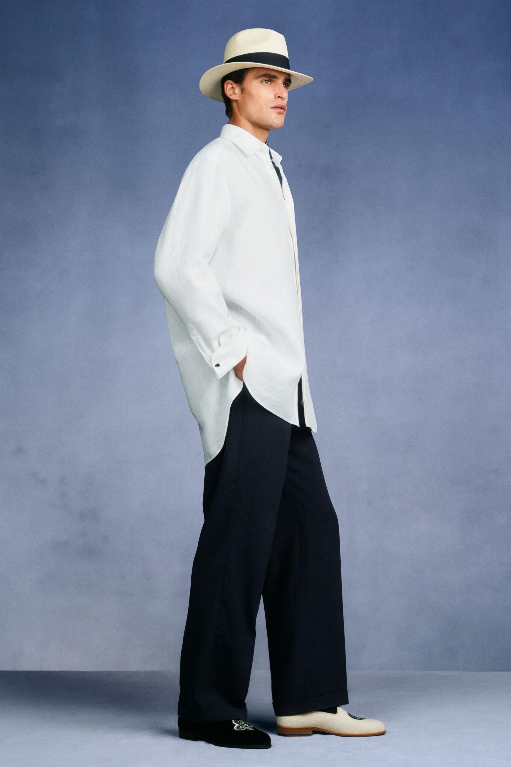 white cotton long-sleeve collared relaxed shirt