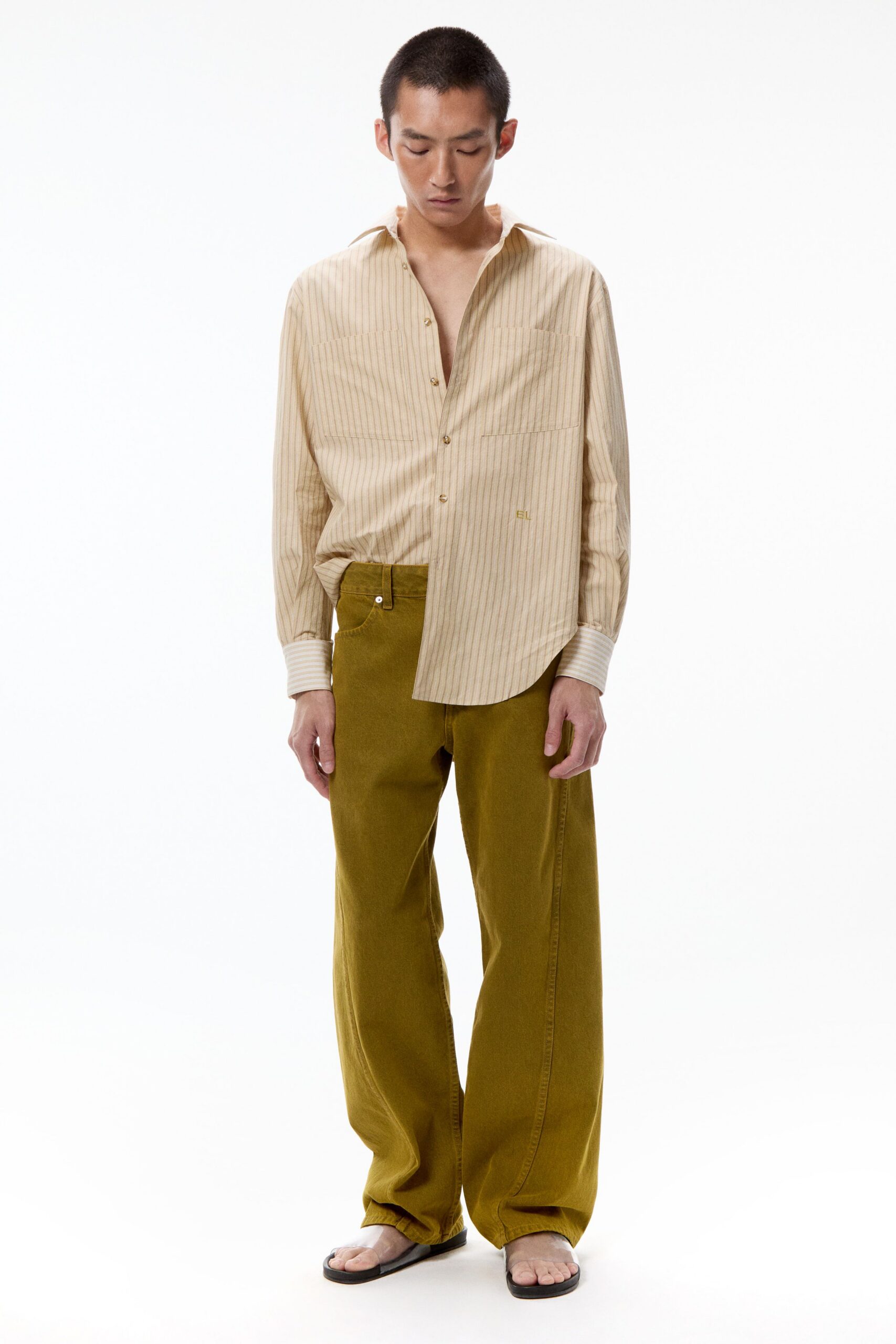 beige cotton long-sleeve collared relaxed striped shirt