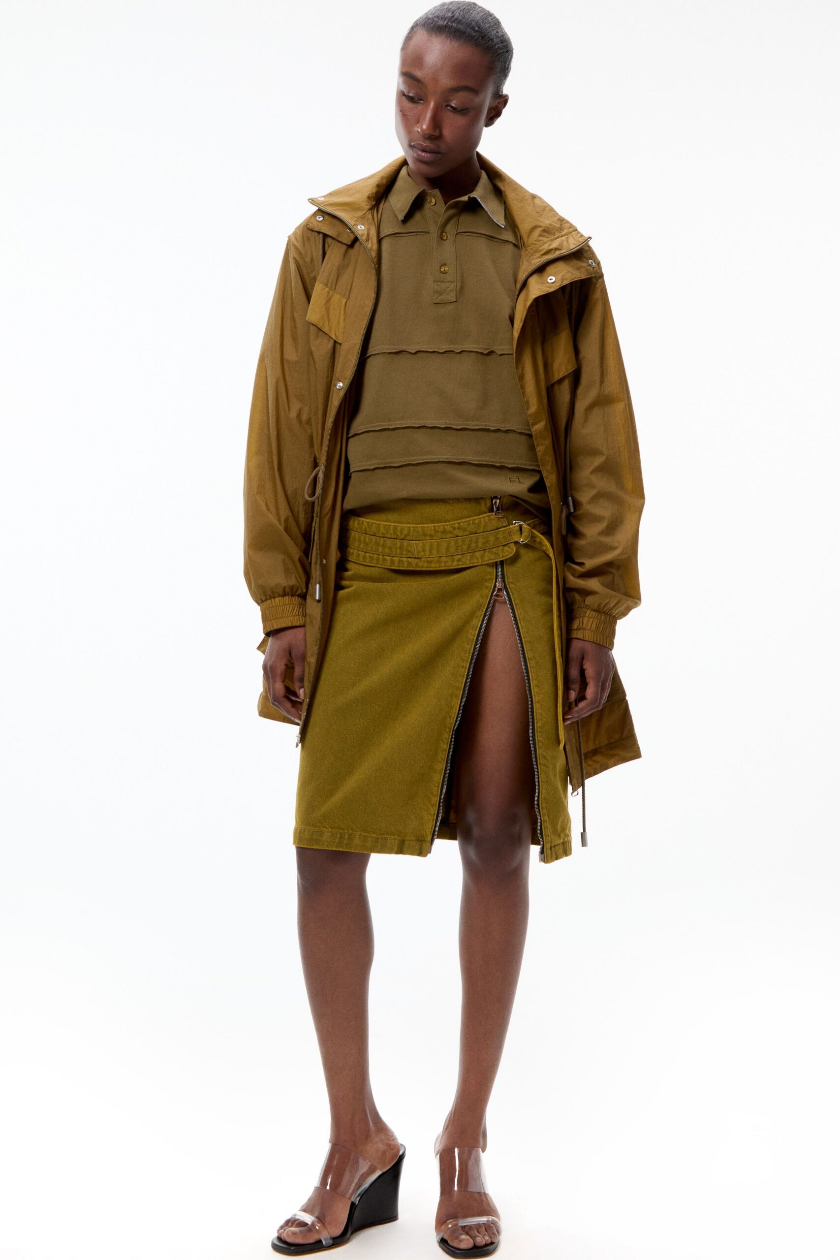 brown cotton long-sleeve collared relaxed zippered coat