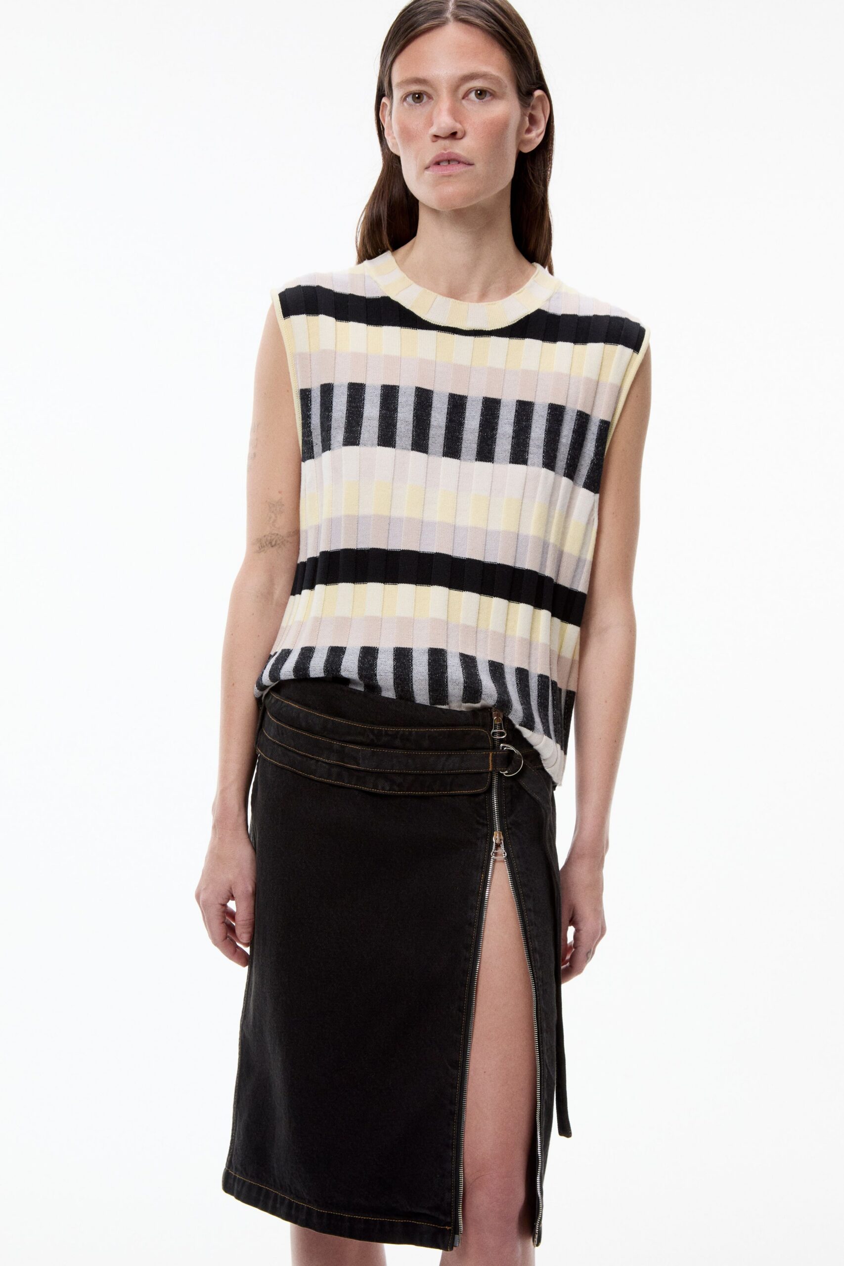 white cotton sleeveless collared fitted striped ribbed top