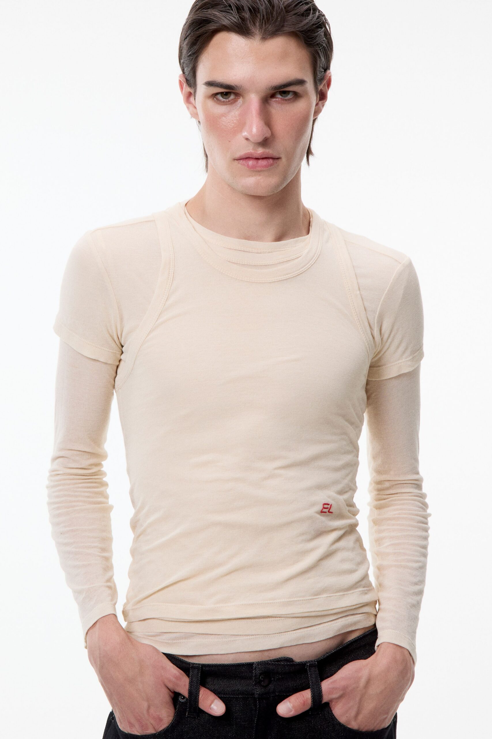 beige cotton long-sleeve collared fitted t-shirt