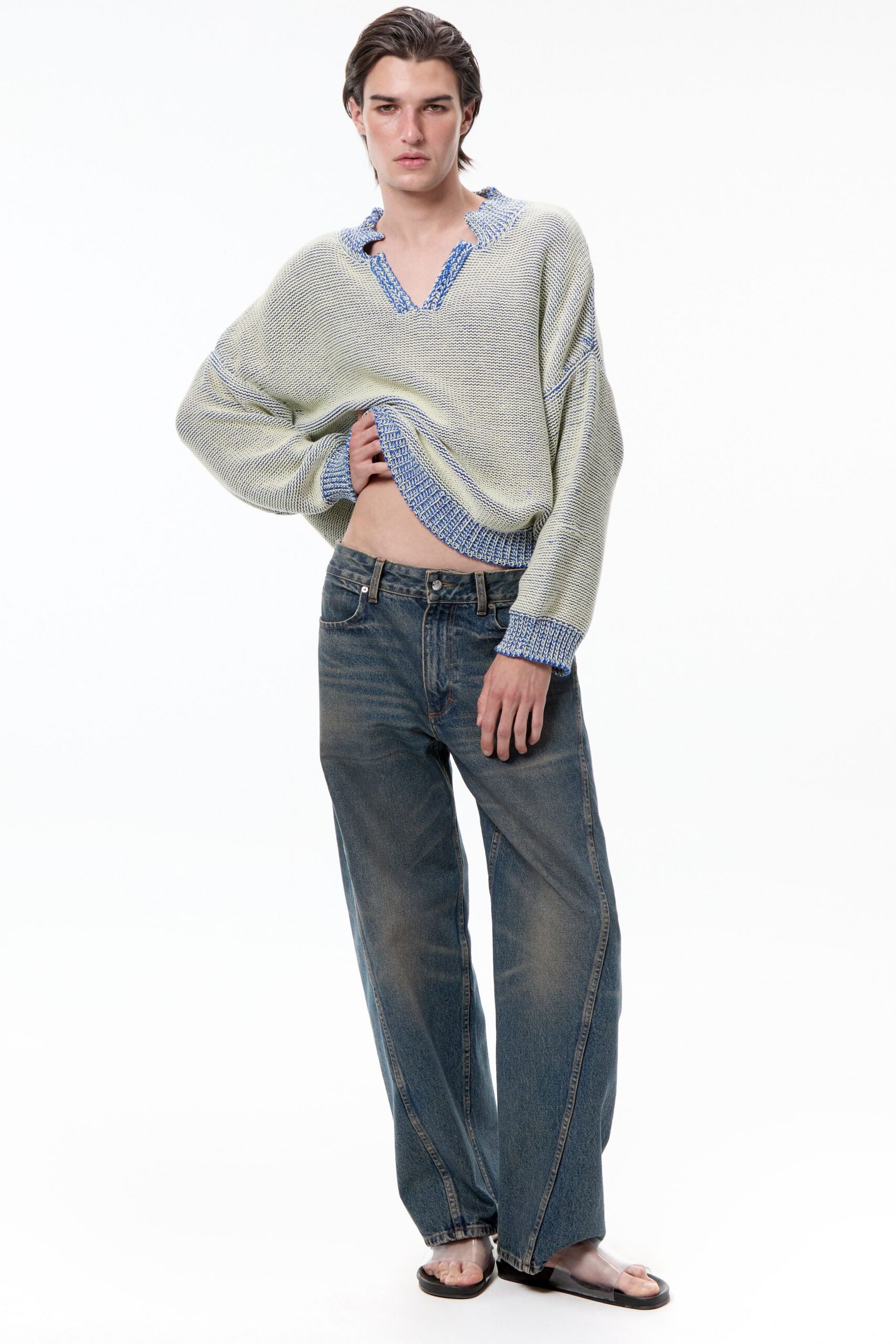 beige oversized sweater with relaxed jeans
