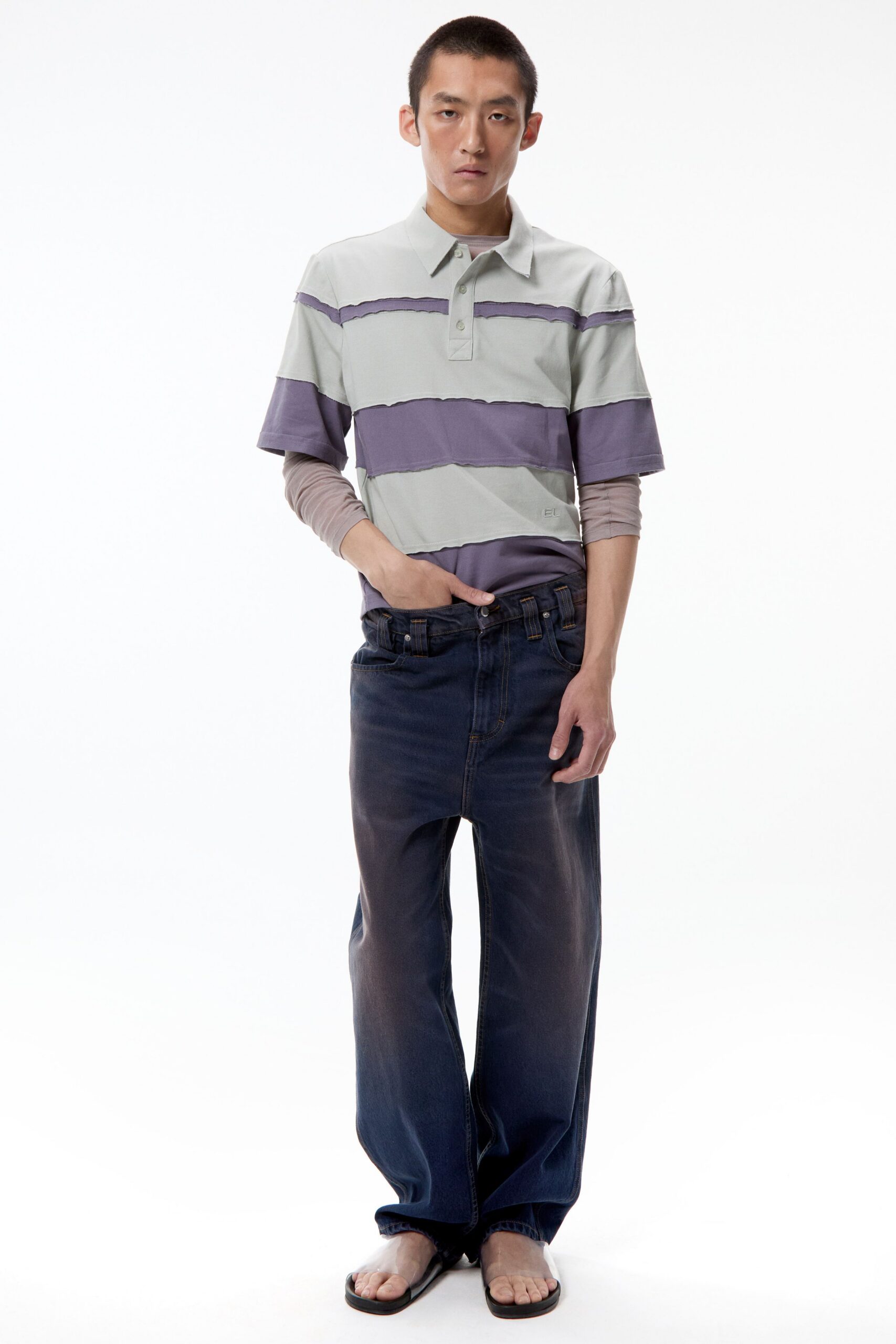 gray cotton short-sleeve collared relaxed striped shirt