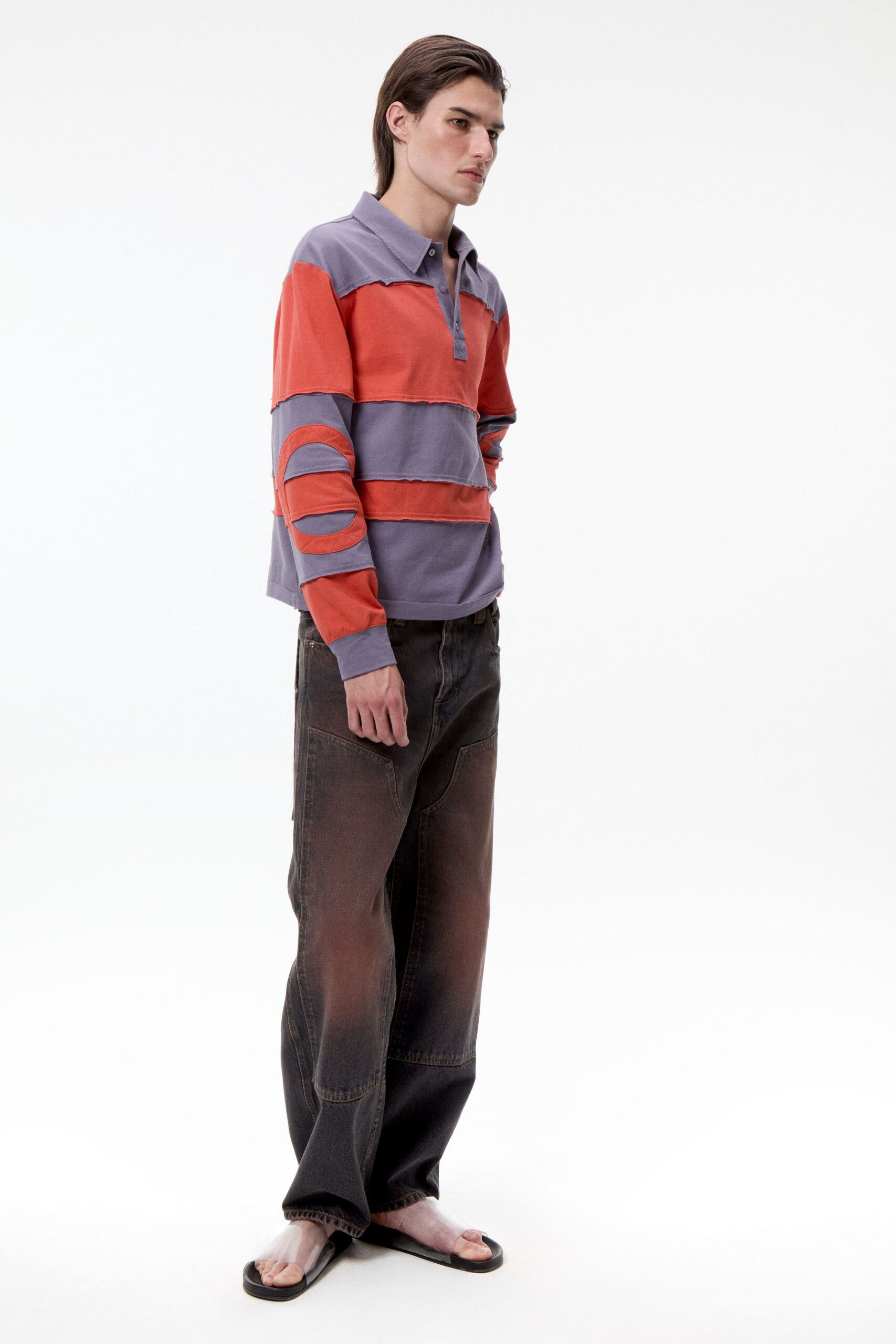 purple cotton long-sleeve collared relaxed striped shirt