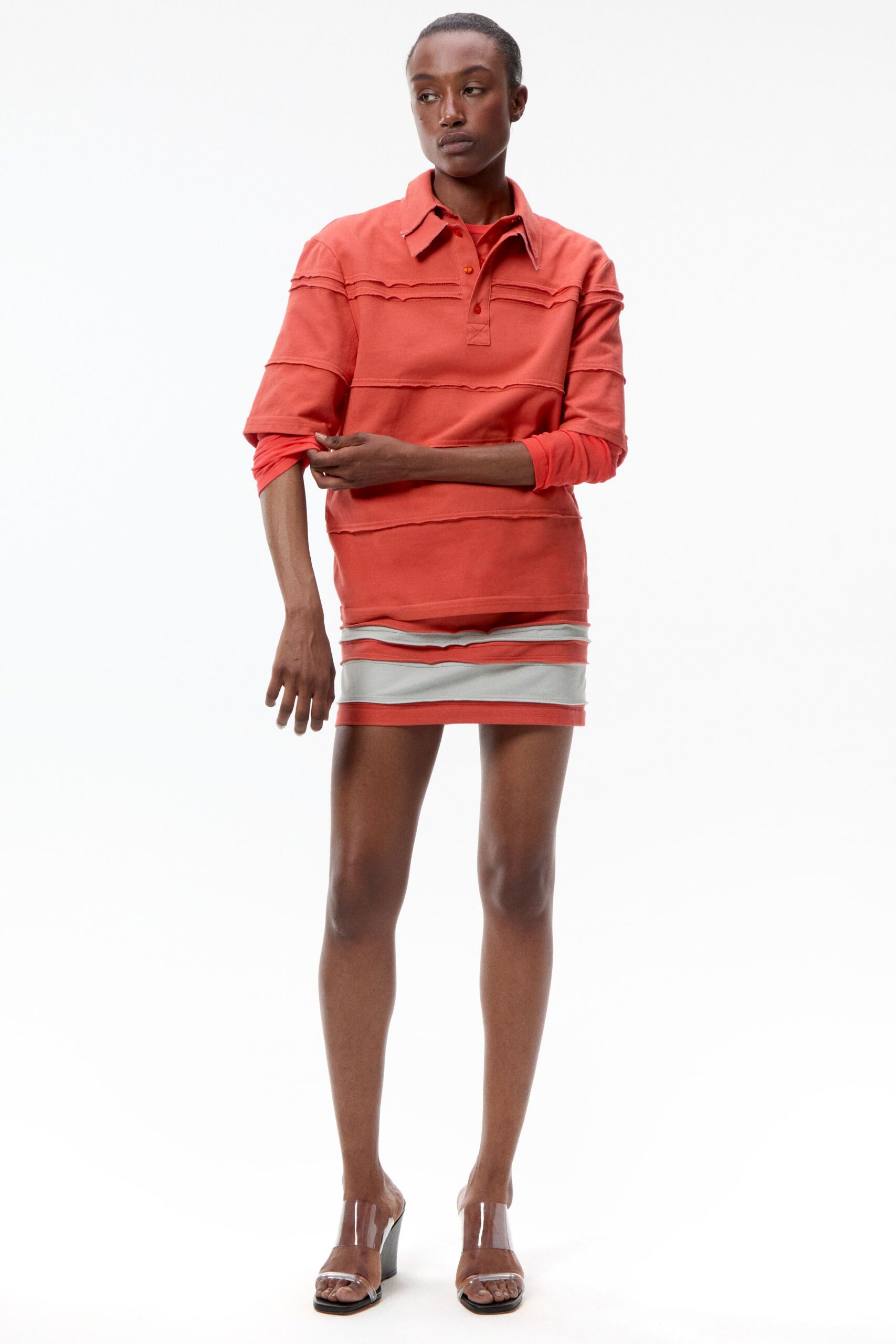 red cotton long-sleeve collared fitted striped shirt