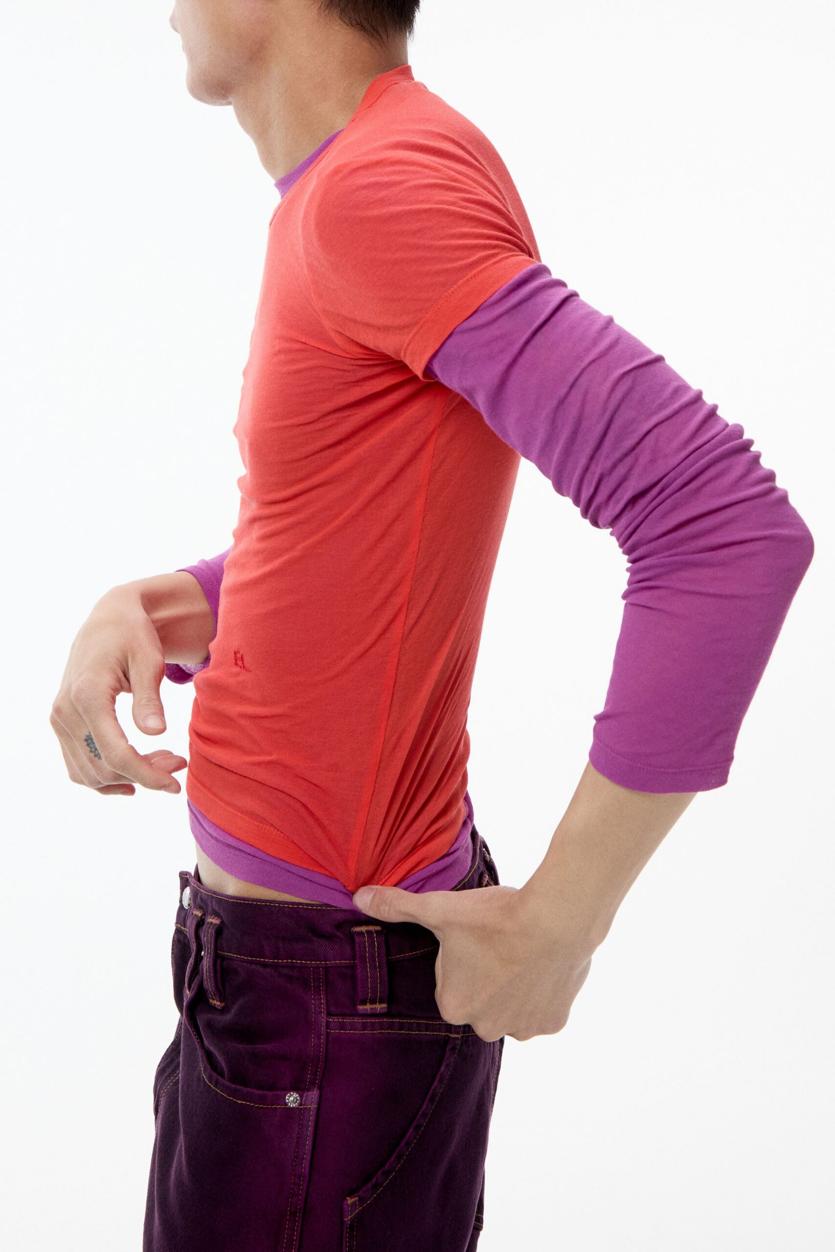 red cotton long-sleeve fitted t-shirt