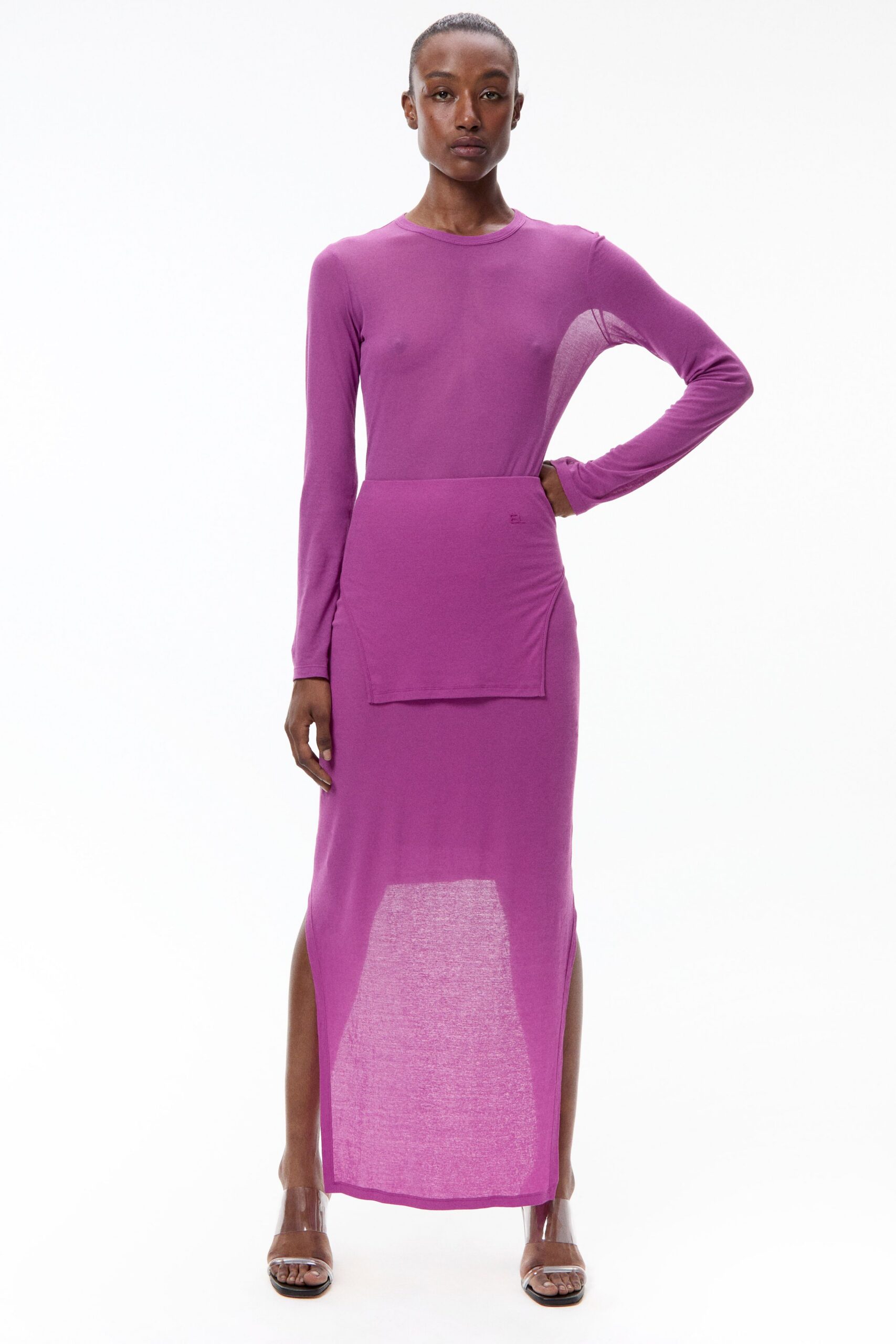 purple cotton long-sleeve v-neck fitted layered sheer dress