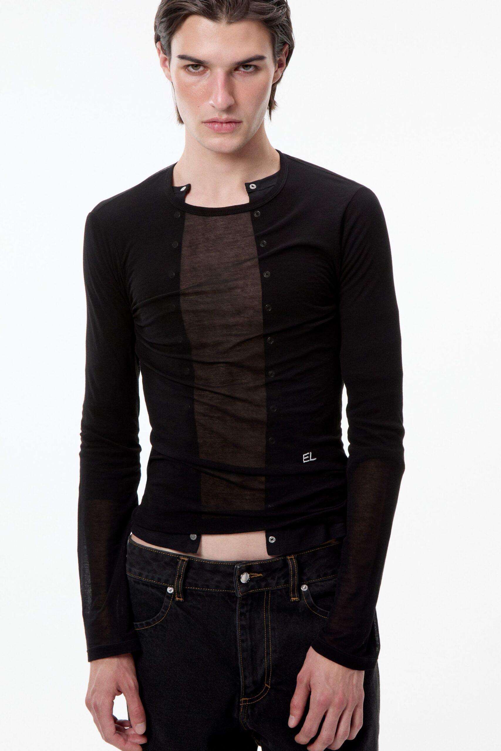 black cotton long-sleeve collared fitted buttoned sheer shirt