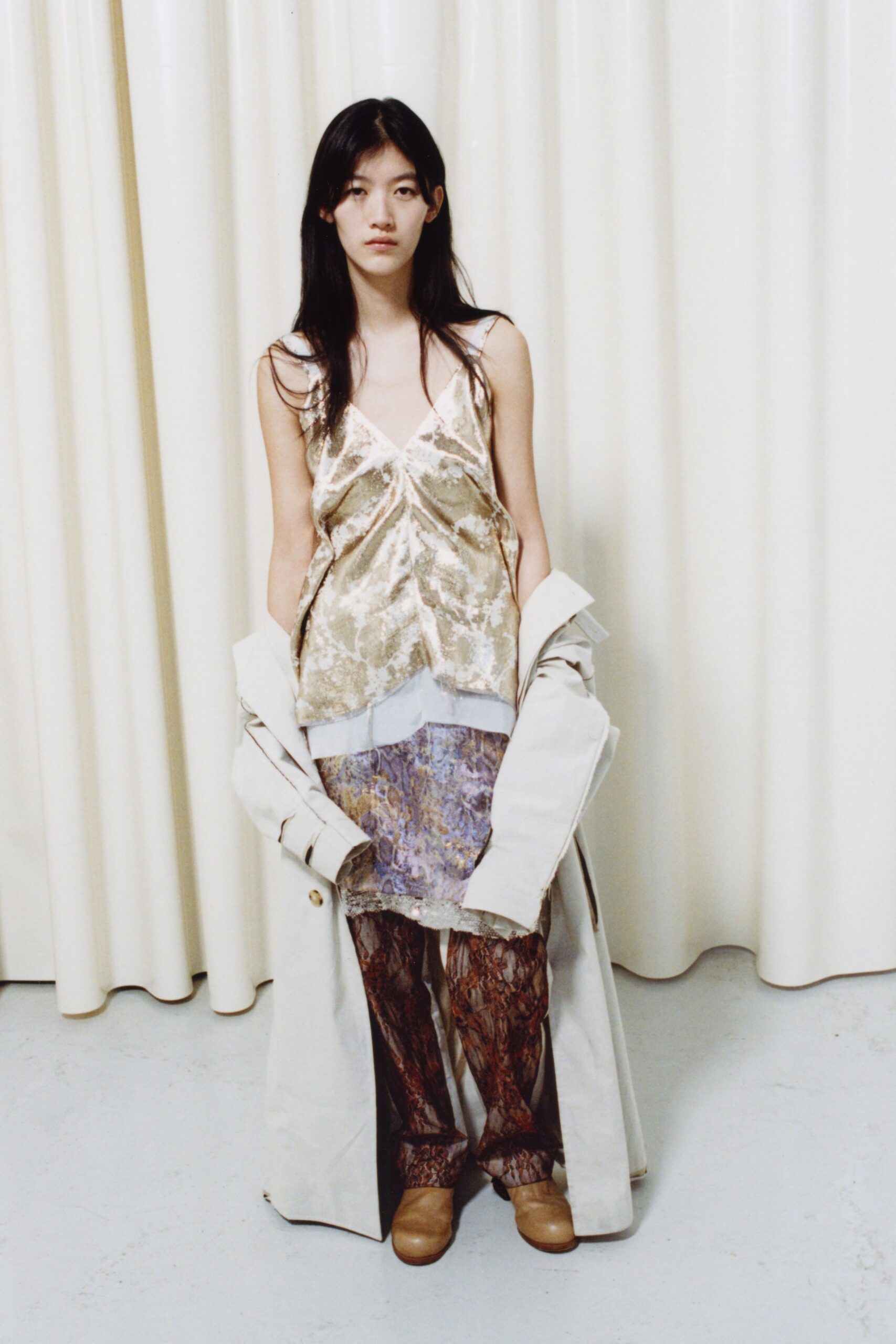 gold silk sleeveless top with pants
