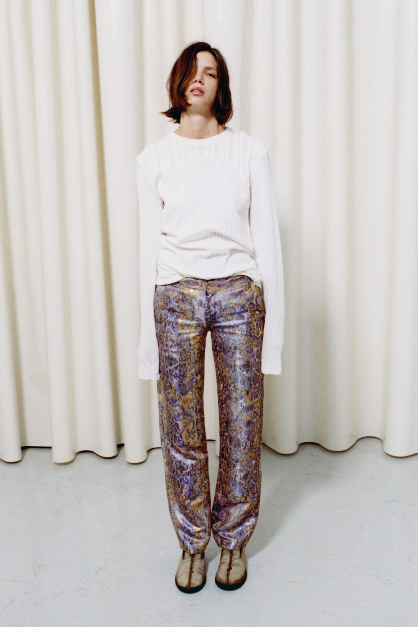 multi silk fitted straight-leg shiny pants