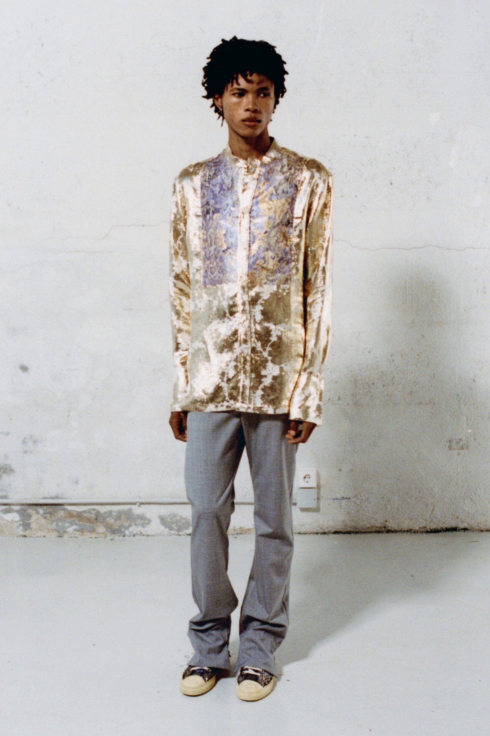 gold velvet shirt gray pants
