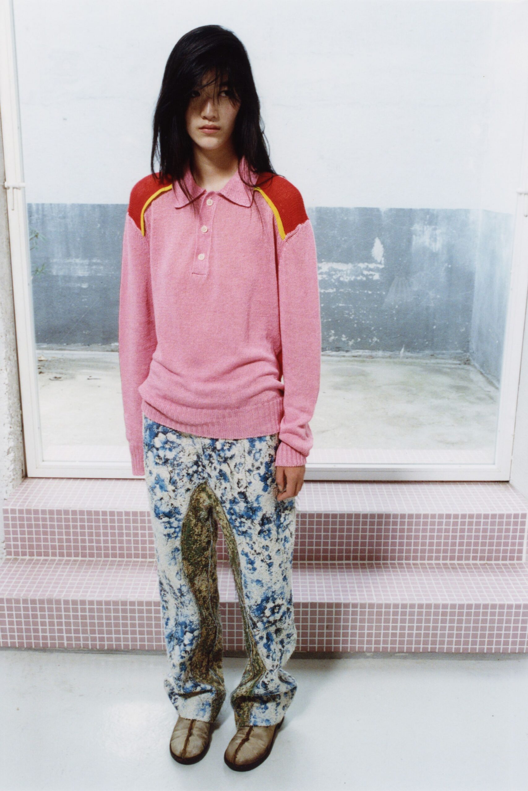 pink wool relaxed top with multi pants