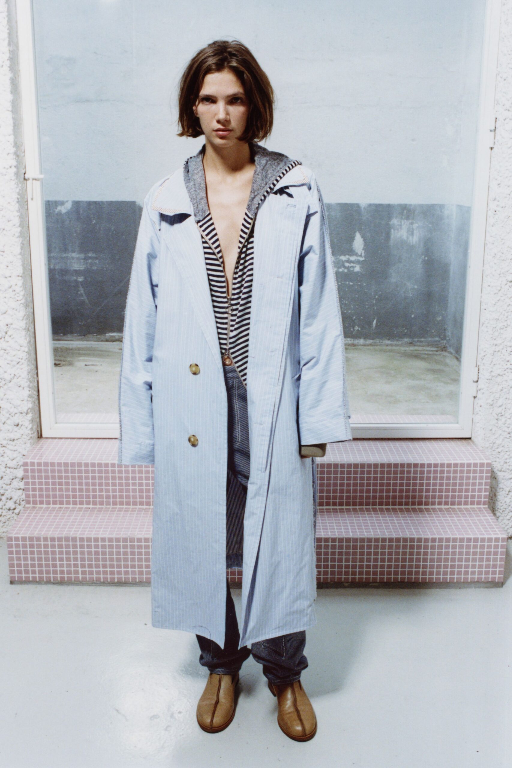 blue cotton coat with striped shirt