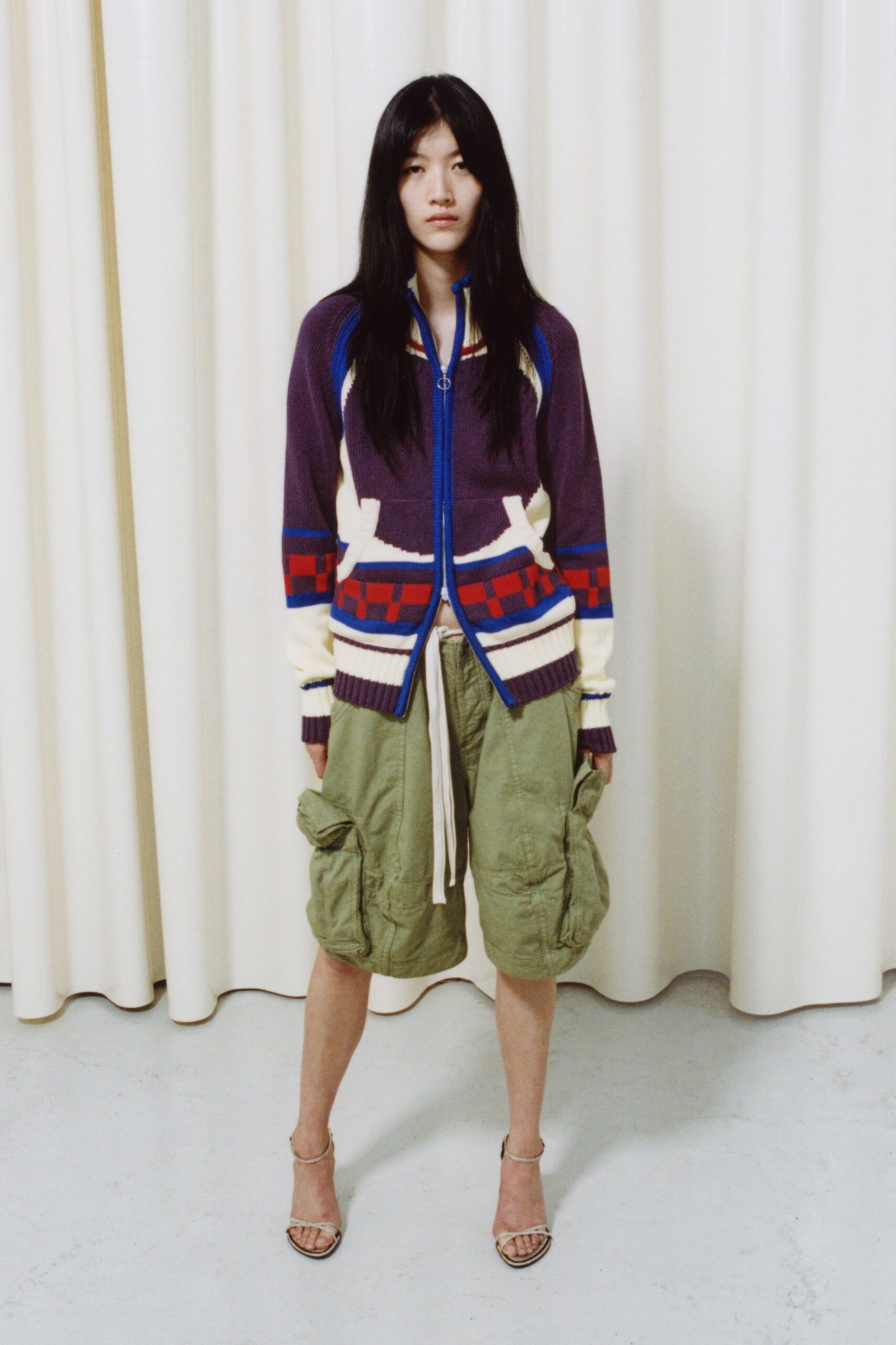 relaxed purple cardigan and cargo shorts