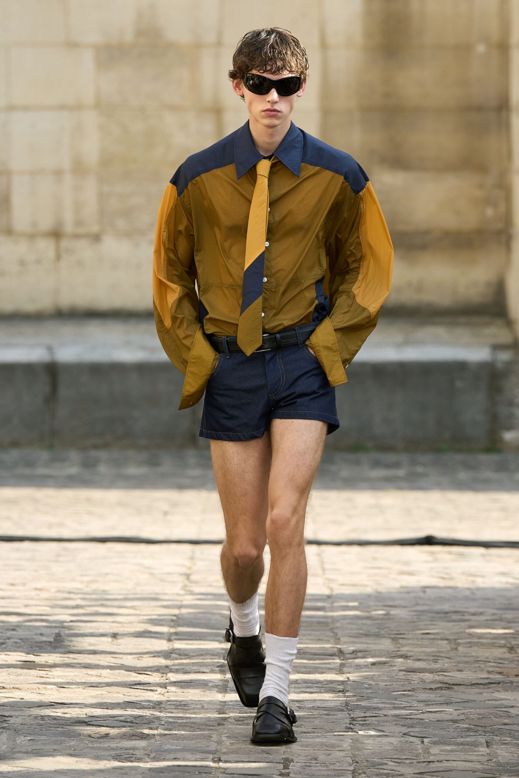 brown cotton long-sleeve collared relaxed color-blocked shirt