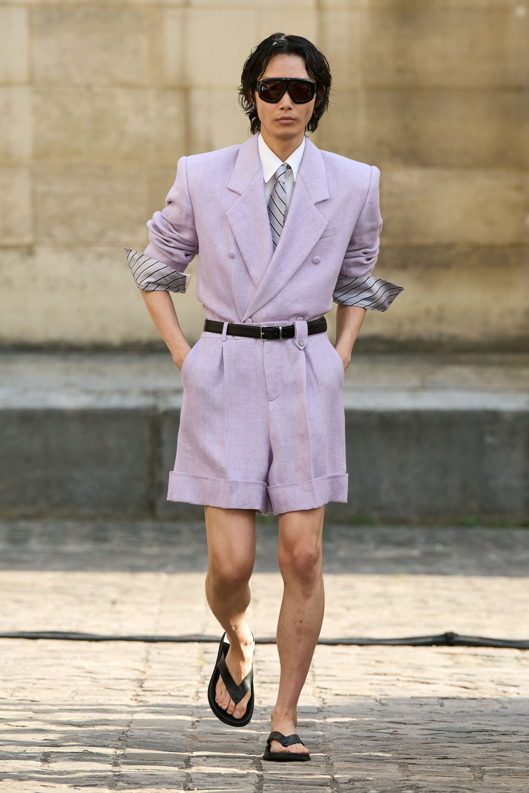 purple cotton short-sleeve collared tailored buttoned suit