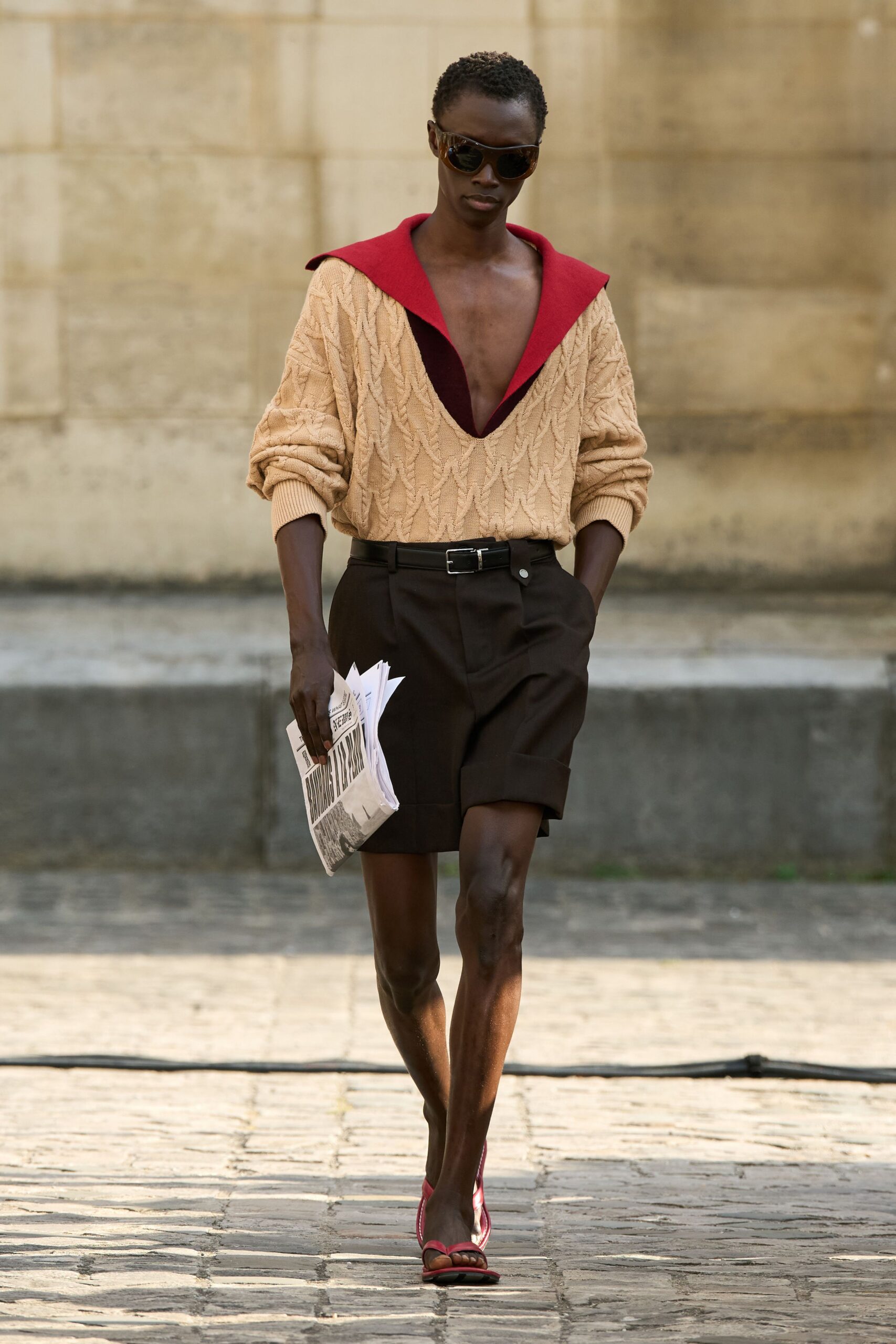 beige cotton long-sleeve v-neck fitted sweater