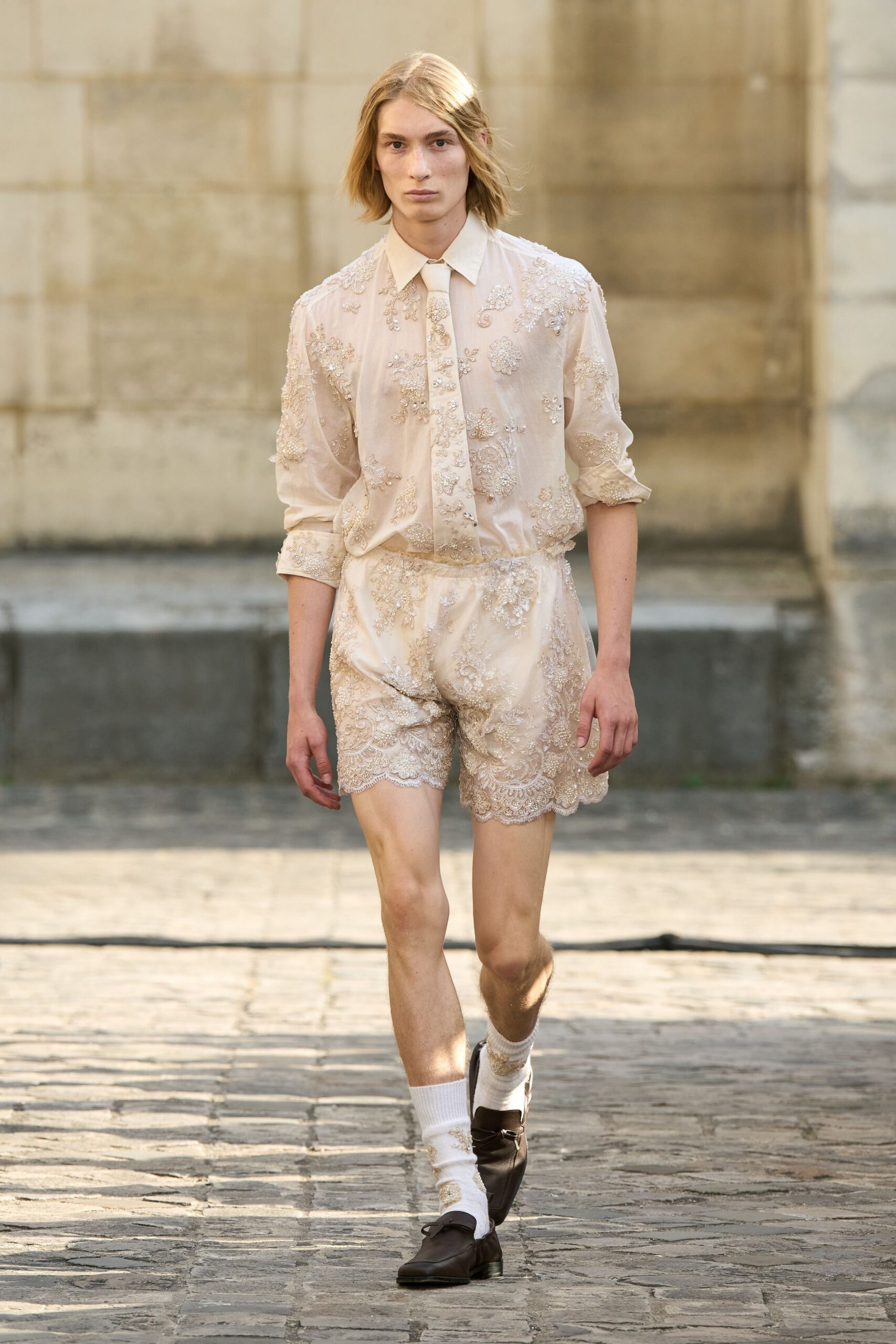 beige silk long-sleeve collared fitted embroidered romper