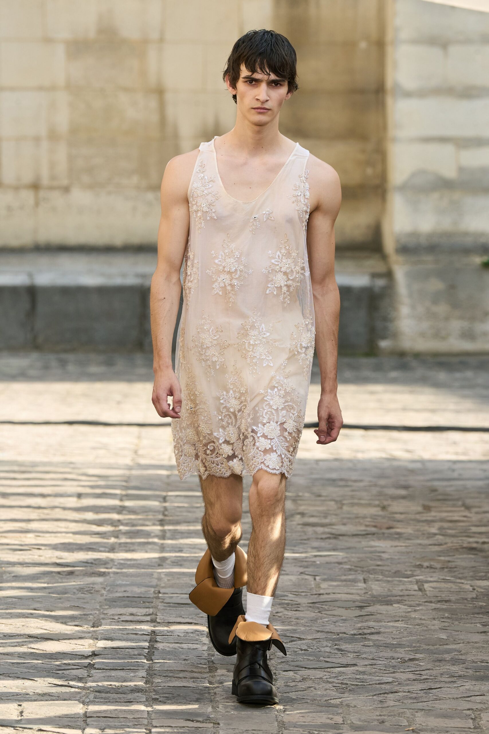 beige lace sleeveless v-neck fitted embroidered sheer dress