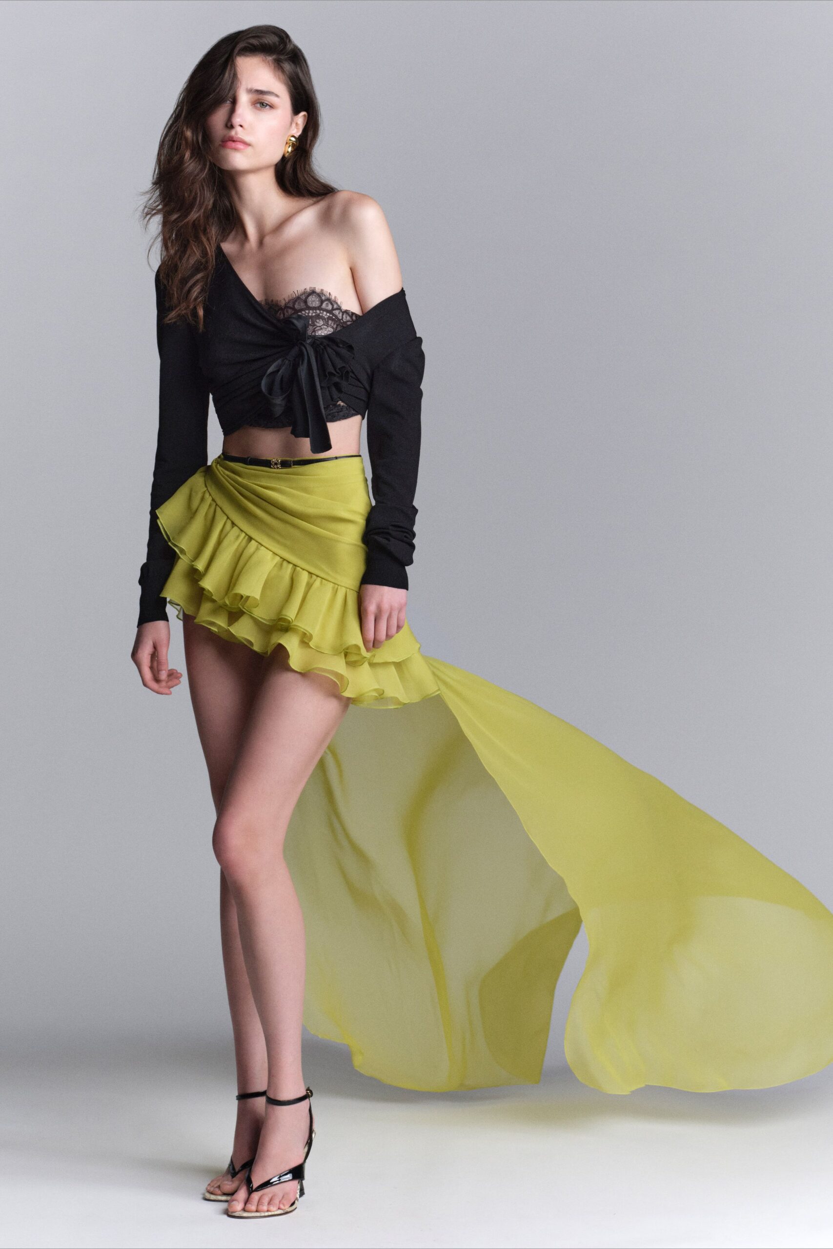 black cotton long-sleeve off-shoulder fitted ruched cropped top