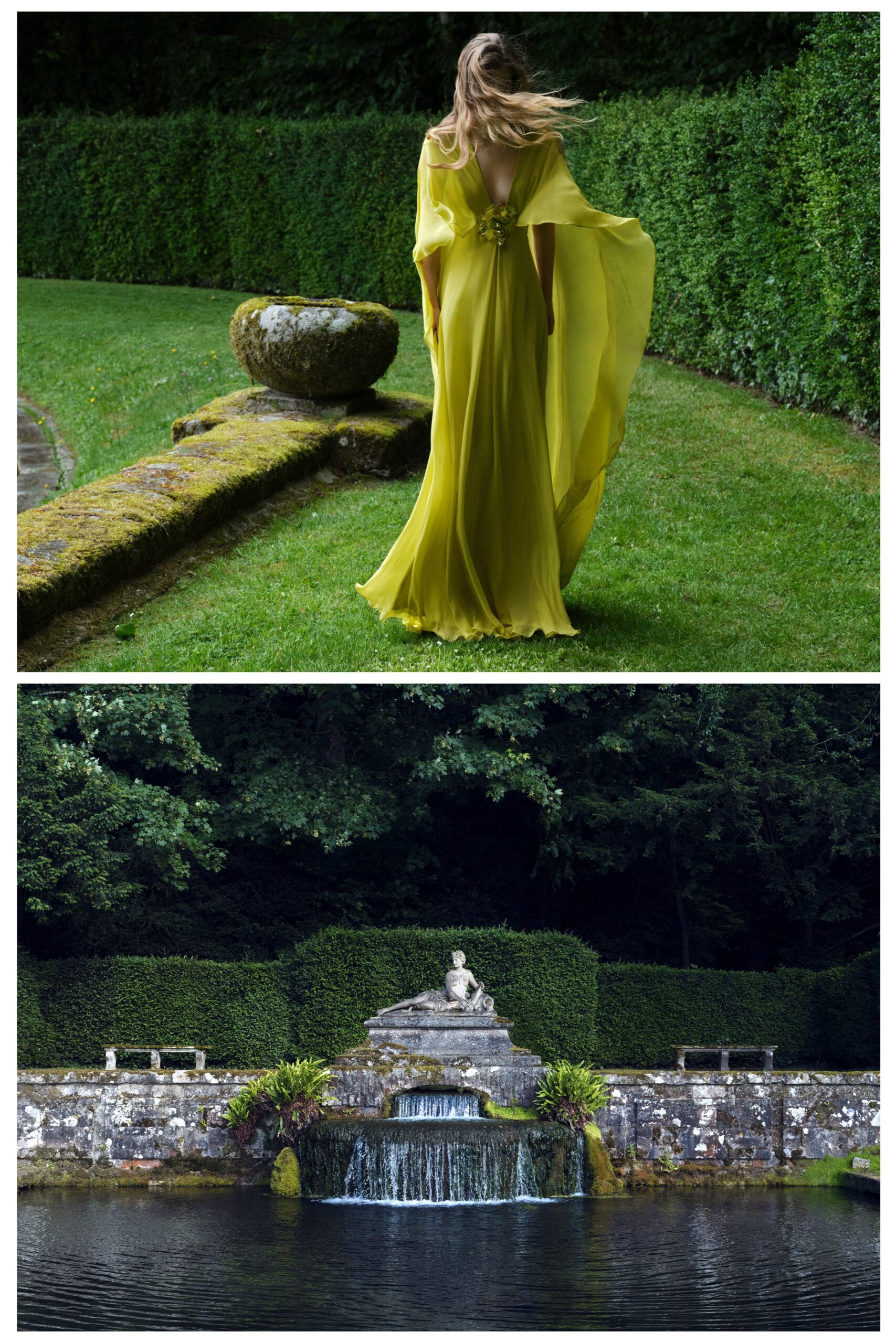 yellow flowing backless gown