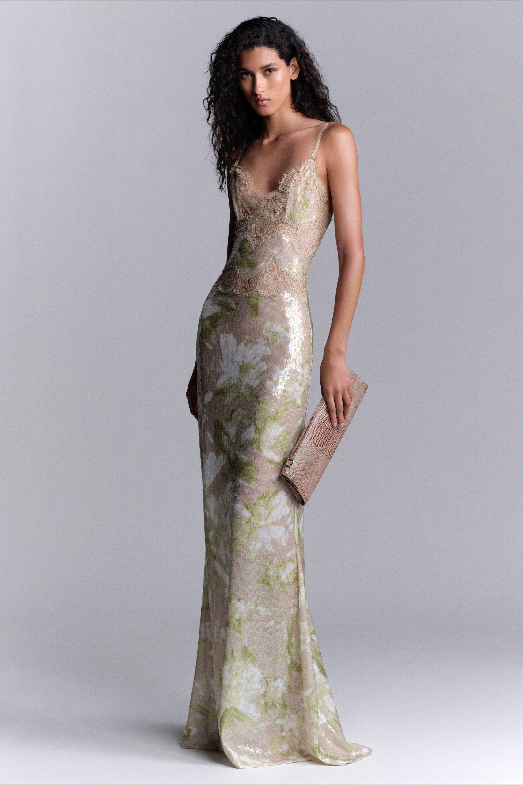 beige silk sleeveless v-neck fitted floral sequined gown