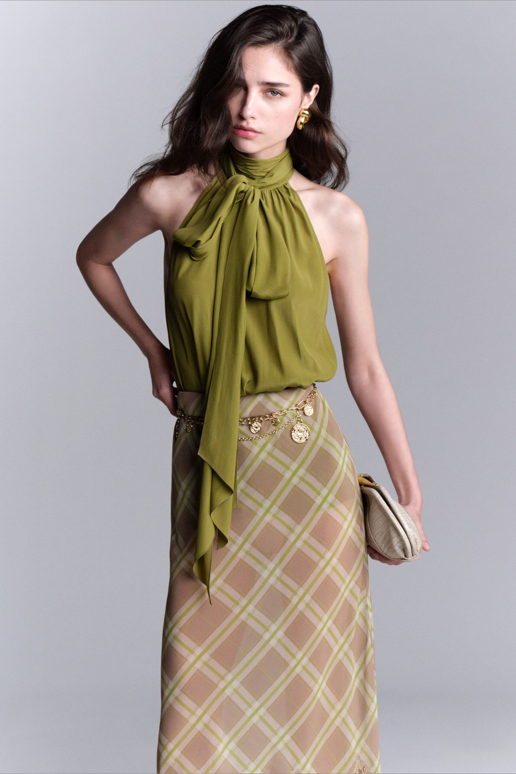 green silk sleeveless halter fitted draped top