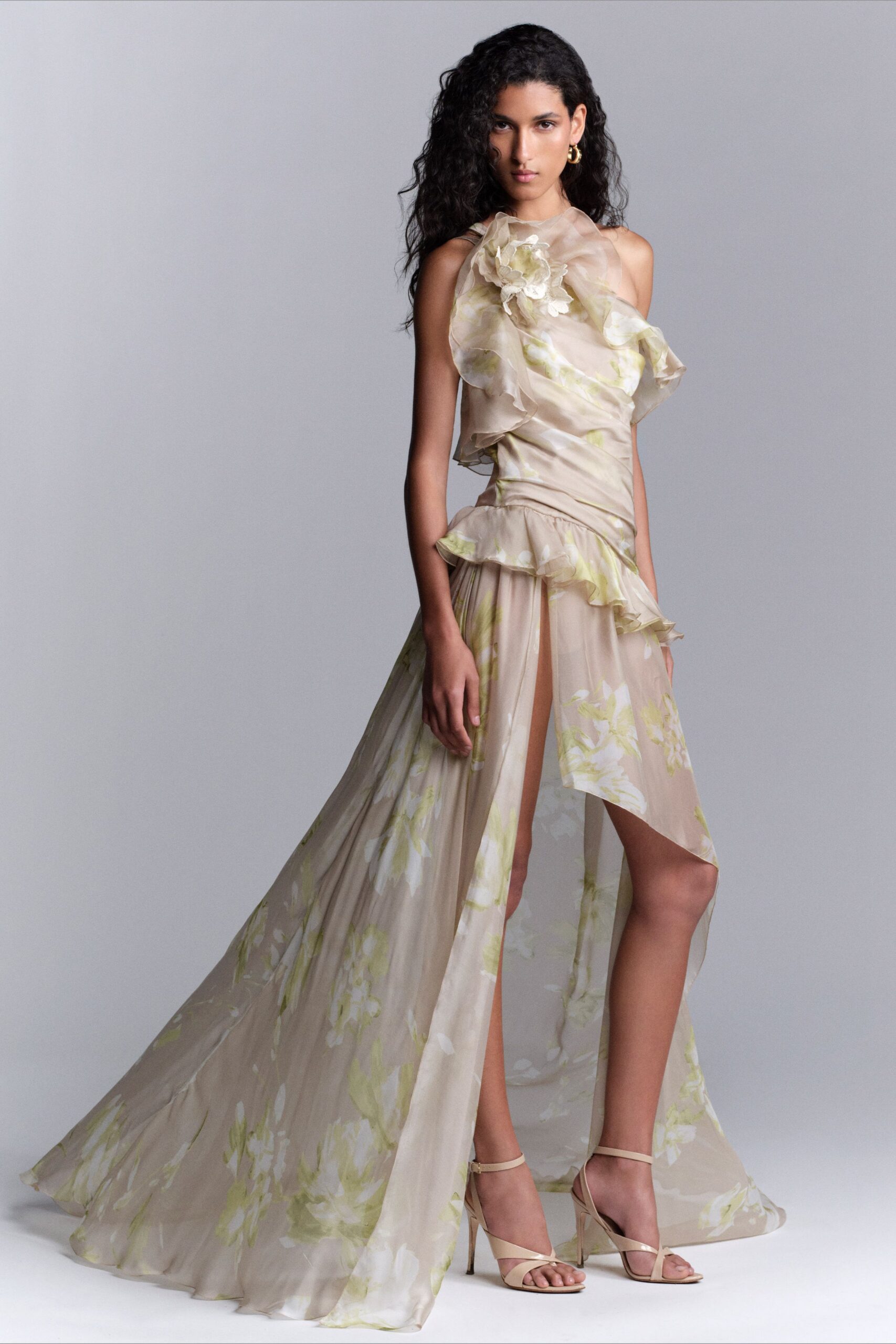 beige silk sleeveless off-shoulder fitted floral layered gown