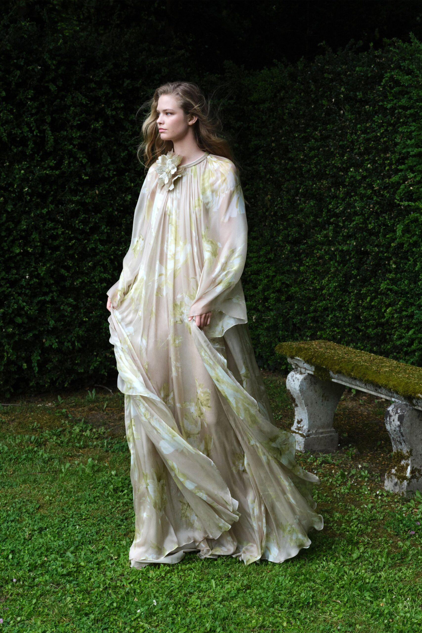 beige floral flowing gown