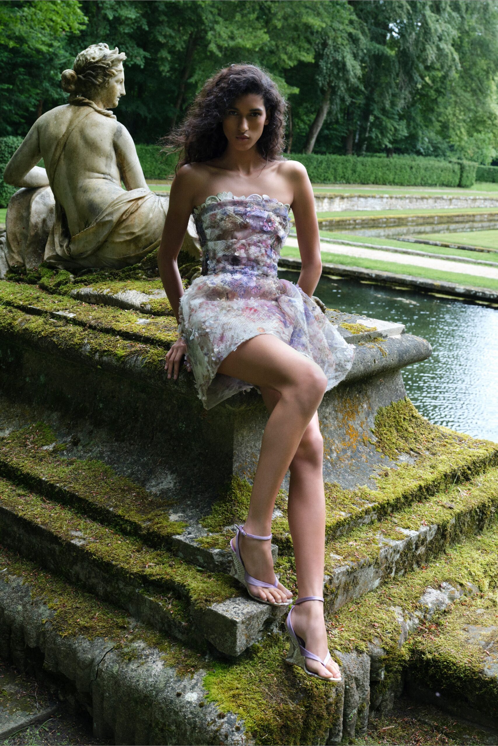 multi silk strapless fitted ruffled embellished flowing mini-dress