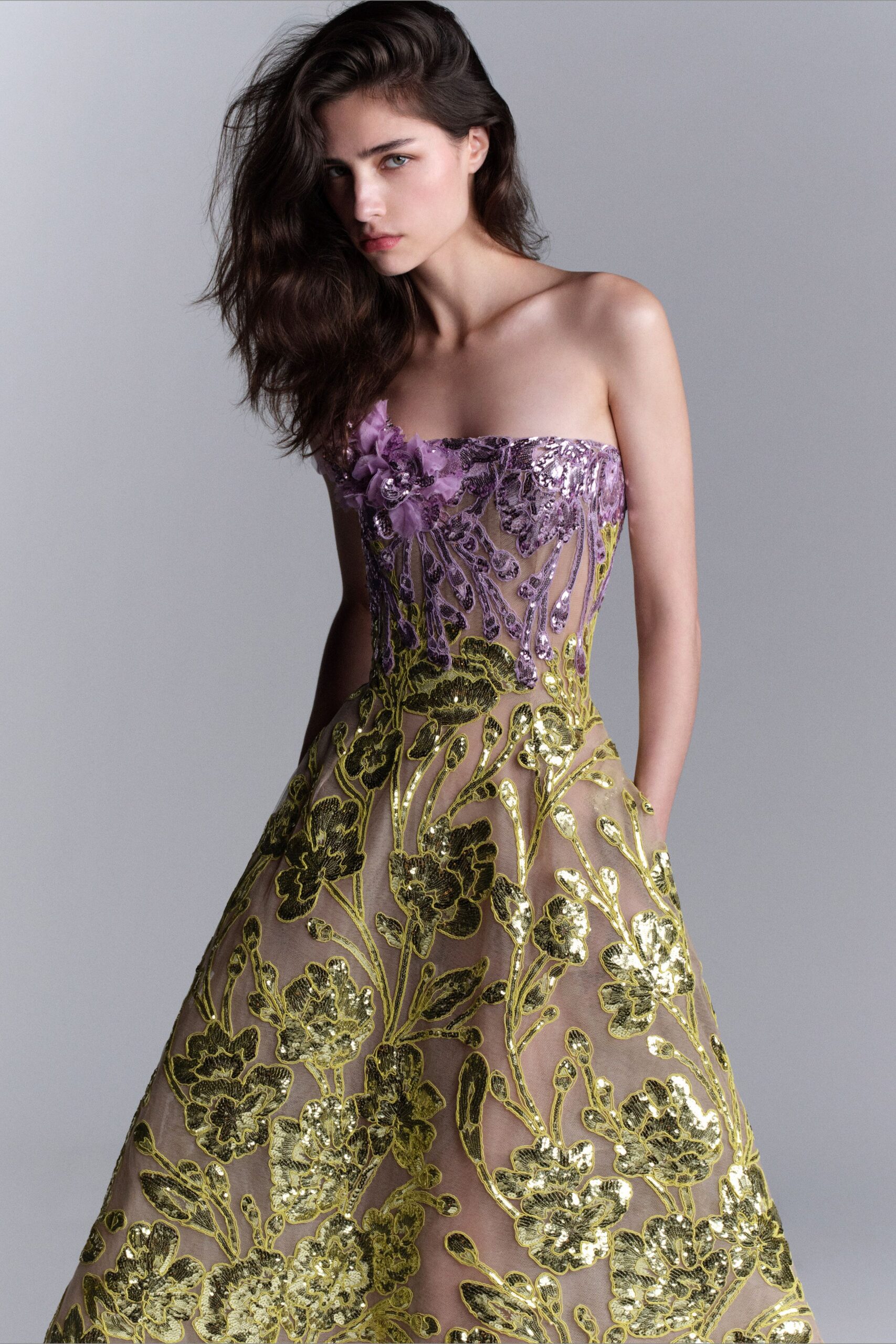 purple embroidered strapless gown