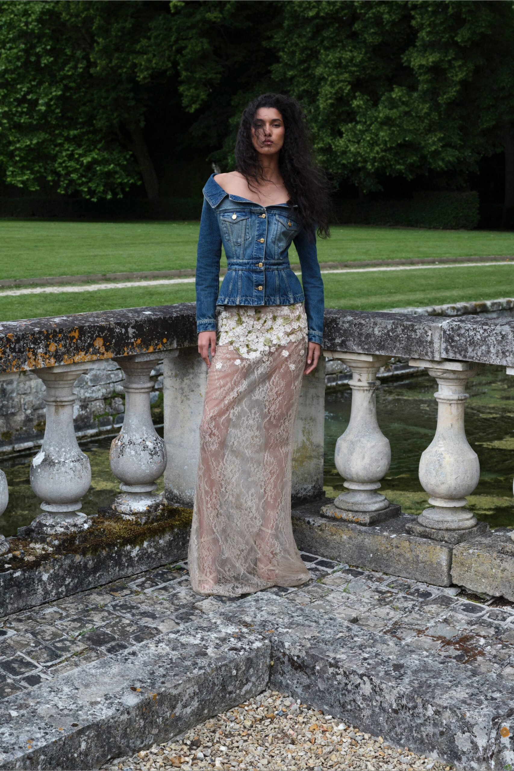 beige lace fitted high-waisted tiered sheer skirt