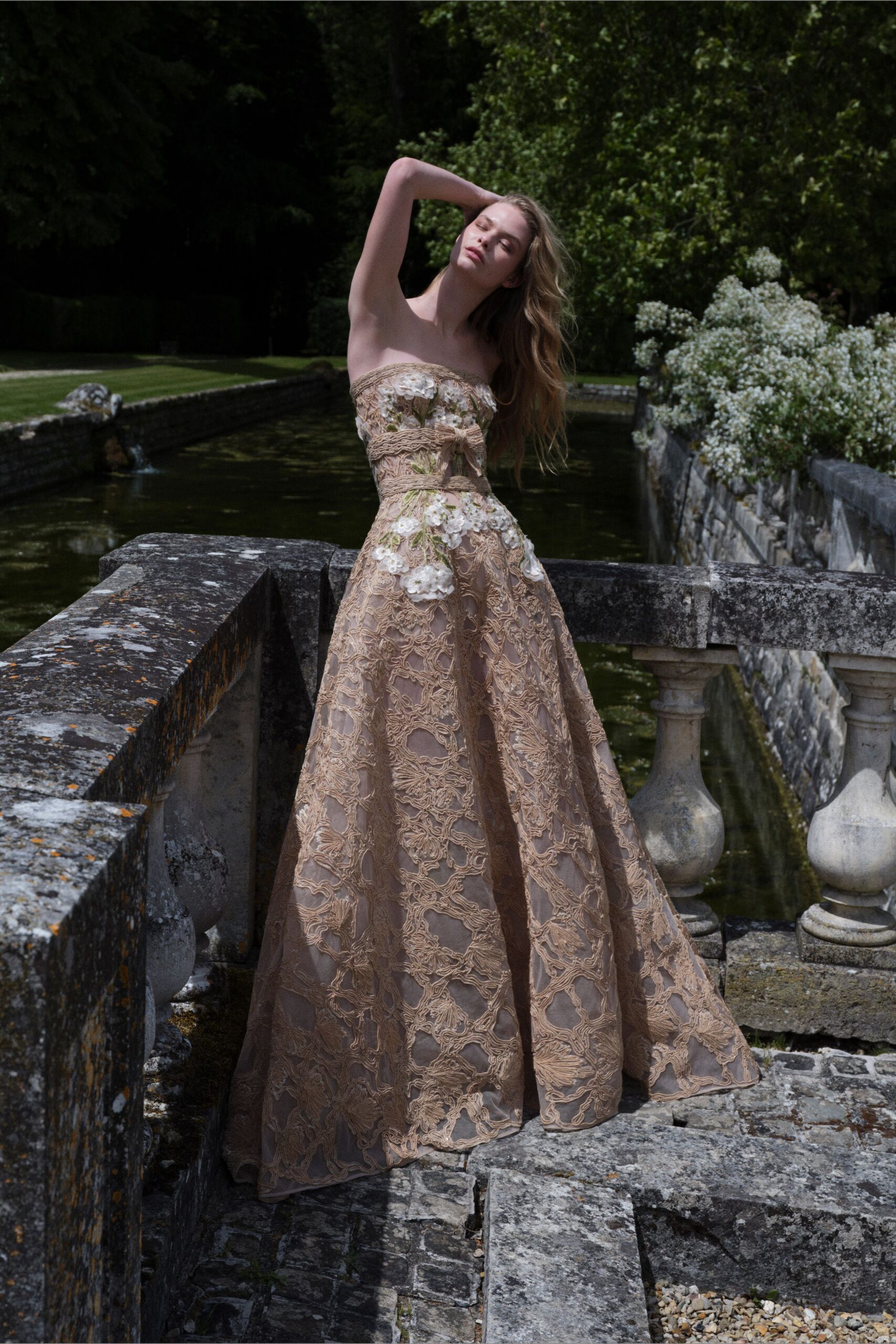 beige lace strapless gown
