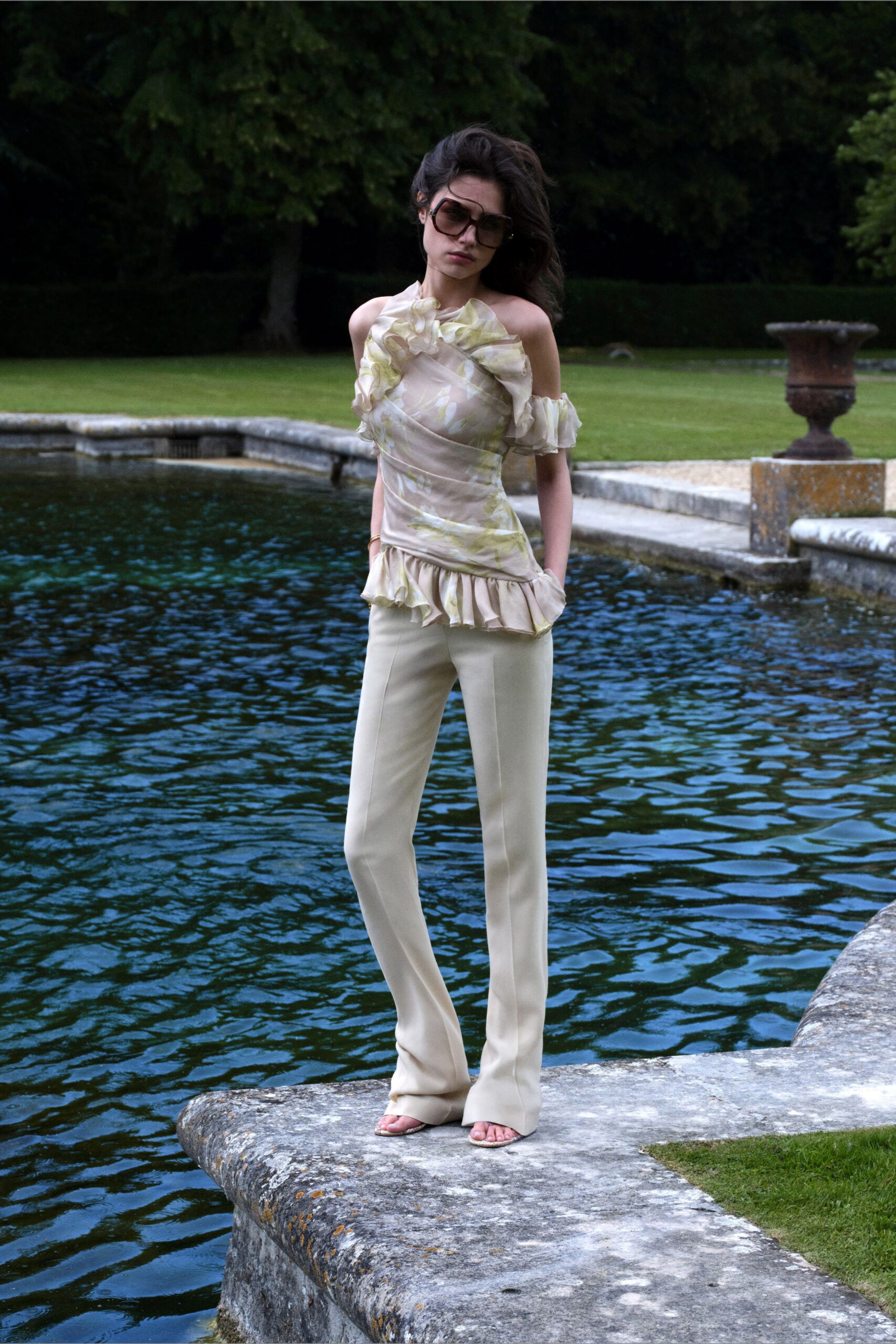 beige silk off-shoulder short-sleeve fitted ruffled top