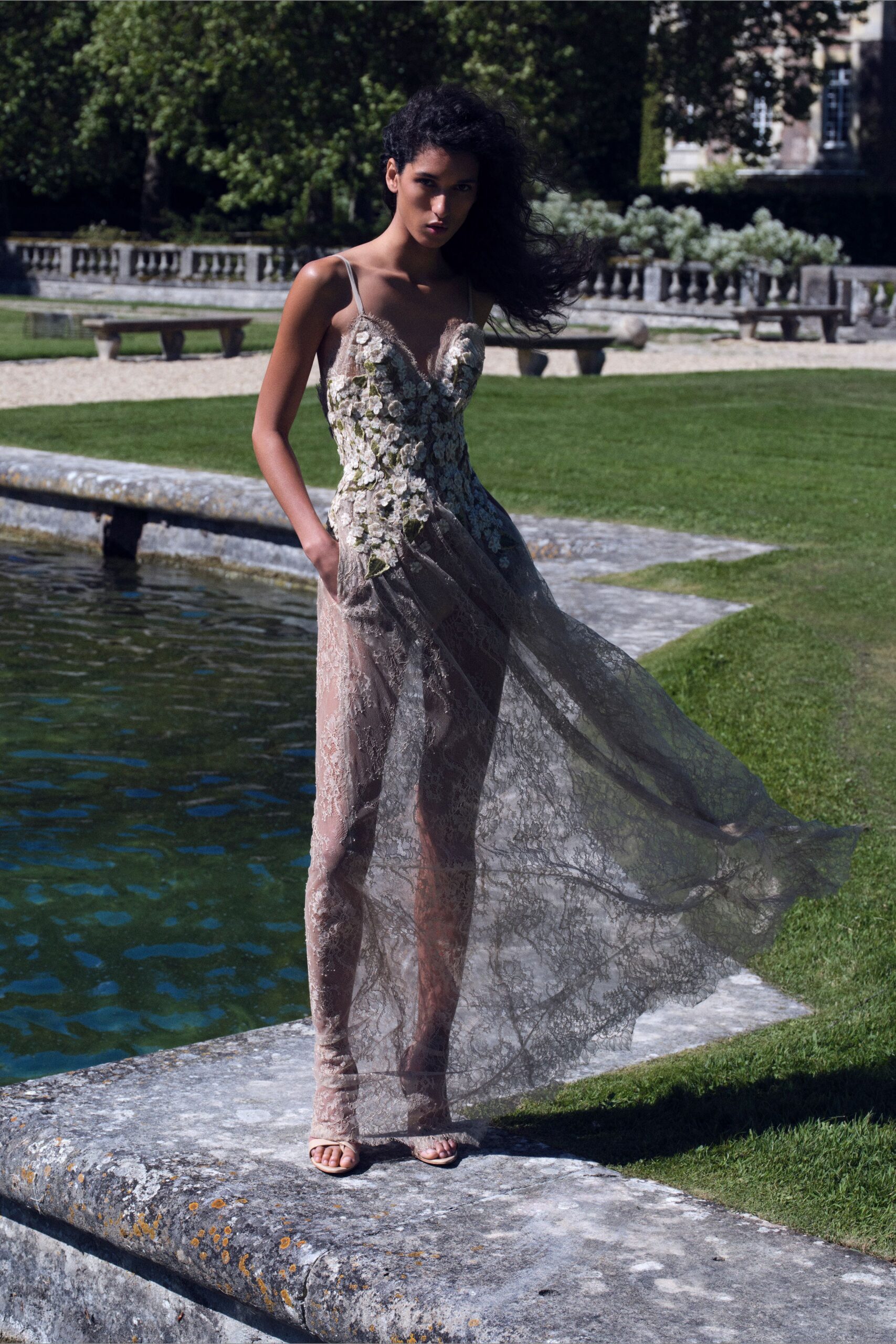 beige lace sleeveless v-neck fitted embroidered gown