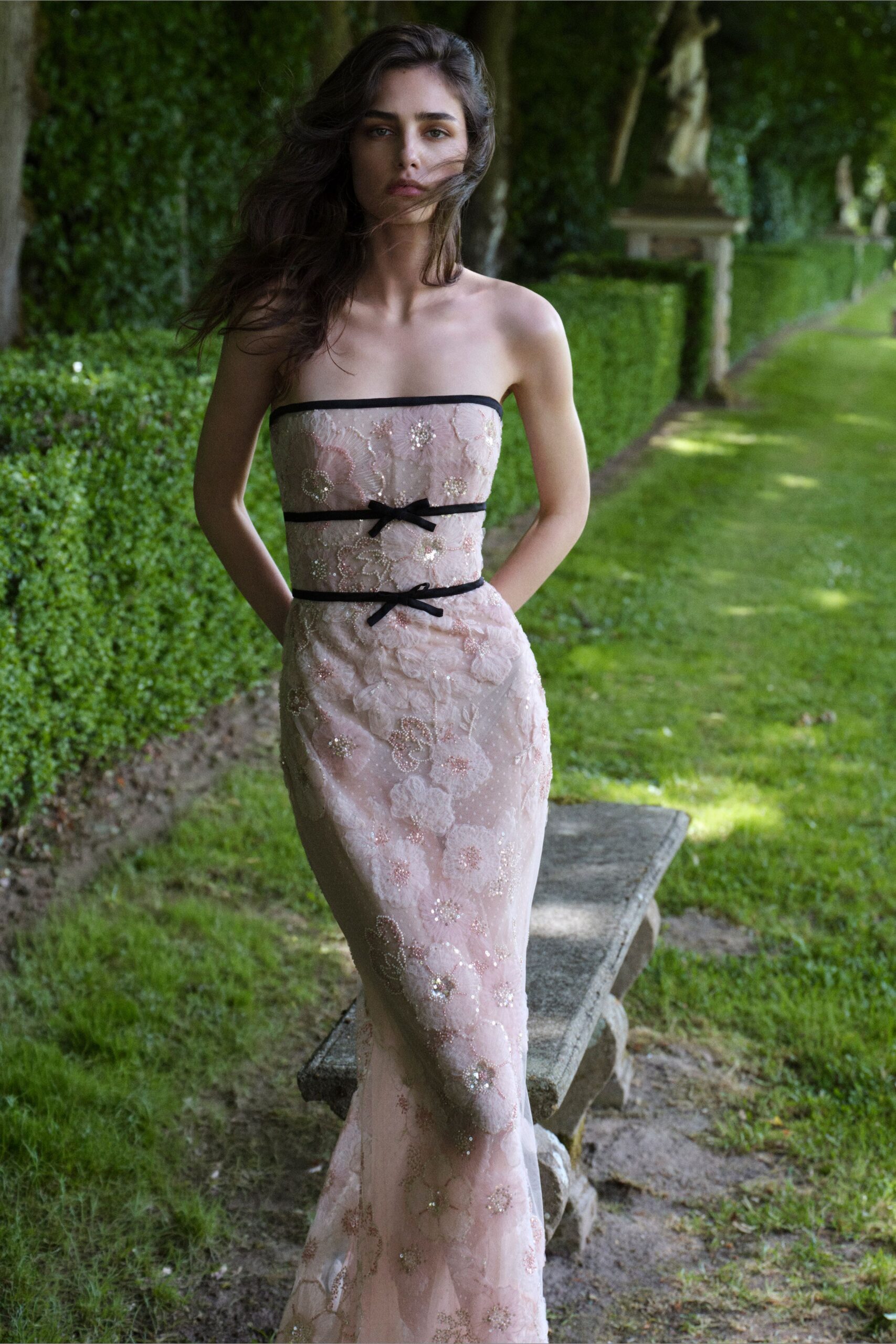 pink embroidered strapless gown