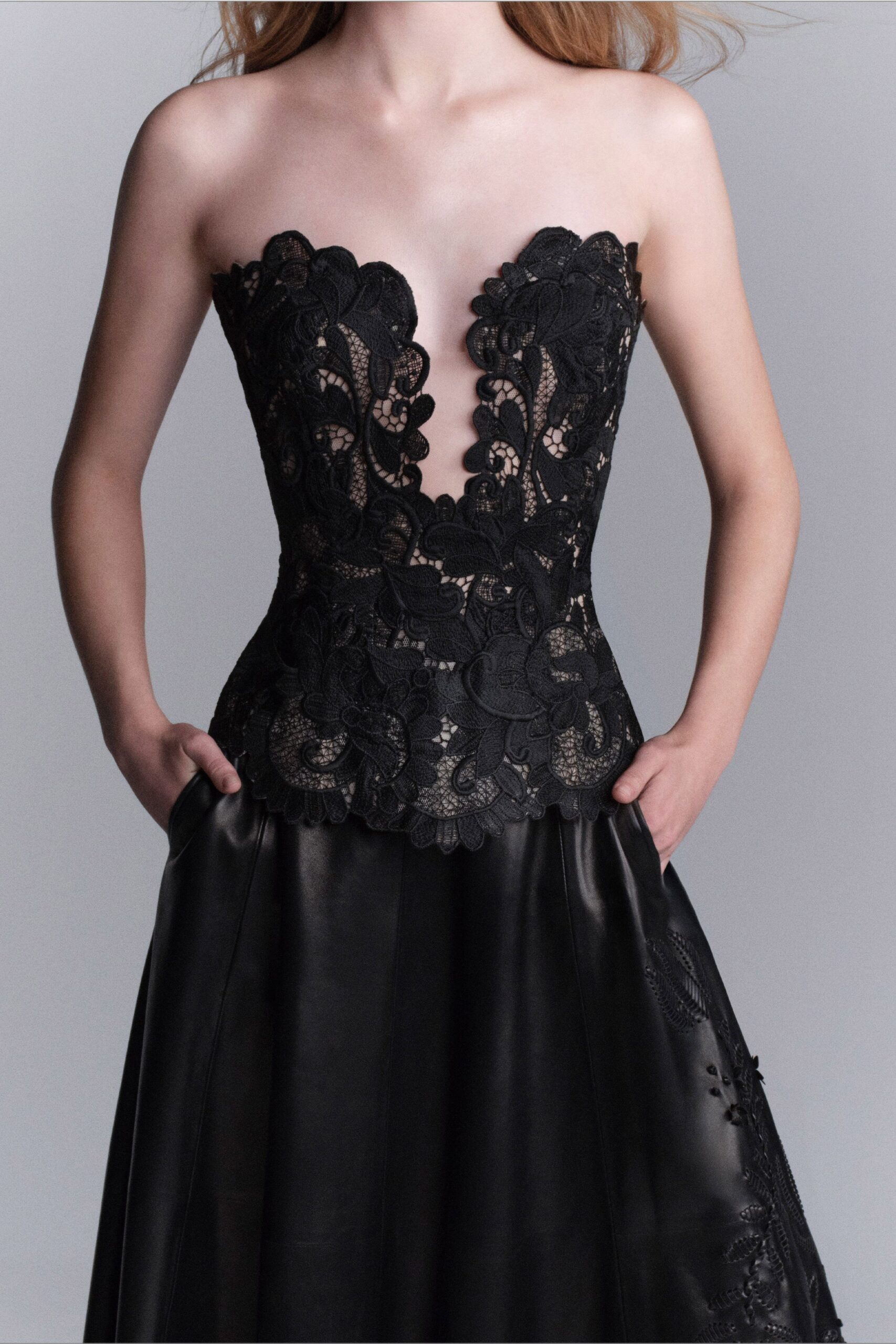 black lace strapless gown