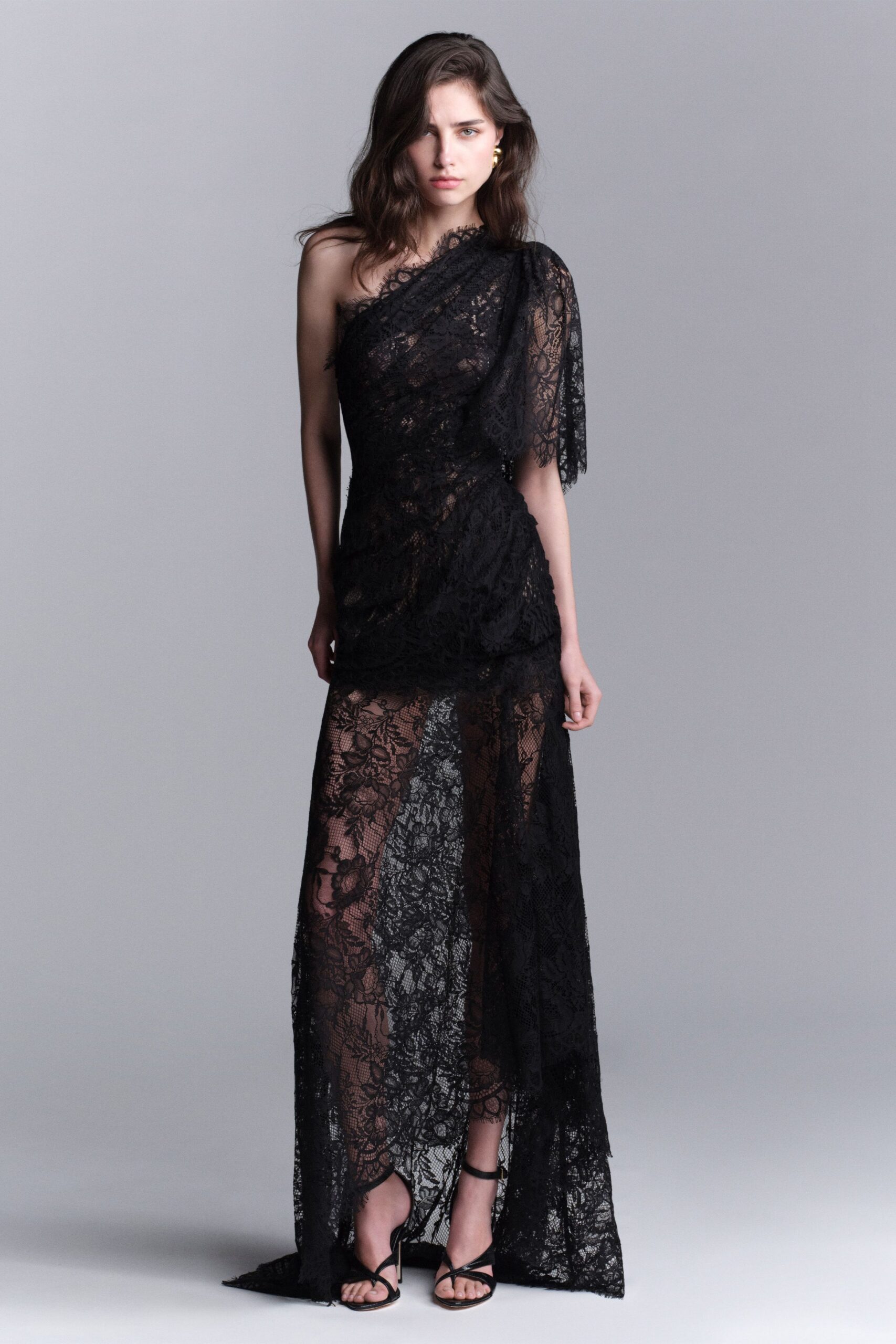 black lace sleeveless asymmetric fitted layered sheer gown