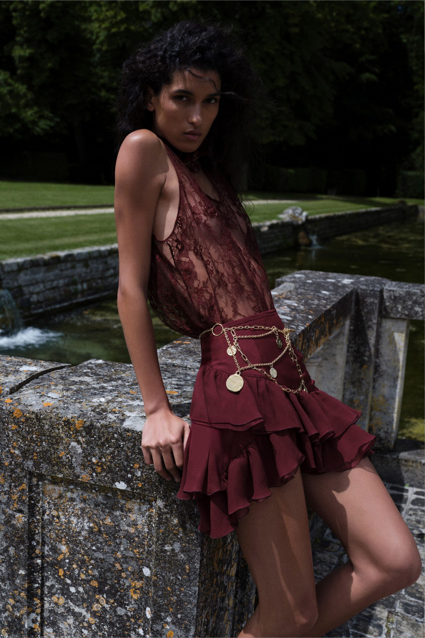 red lace sleeveless v-neck fitted sheer top