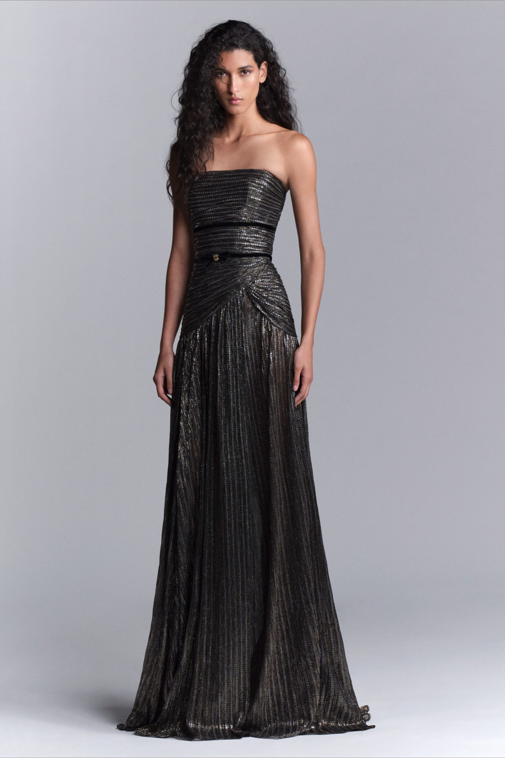 black and gold strapless gown