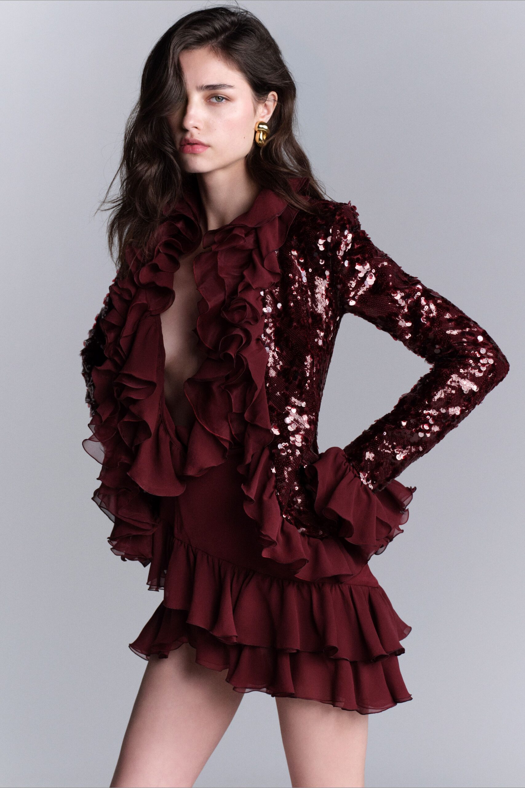 red cotton sleeveless v-neck fitted ruffled mini dress