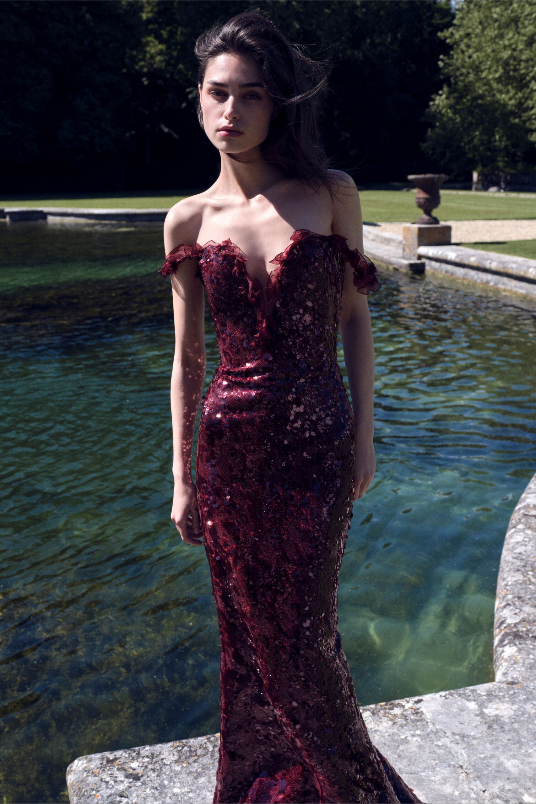 red sequin off-shoulder gown