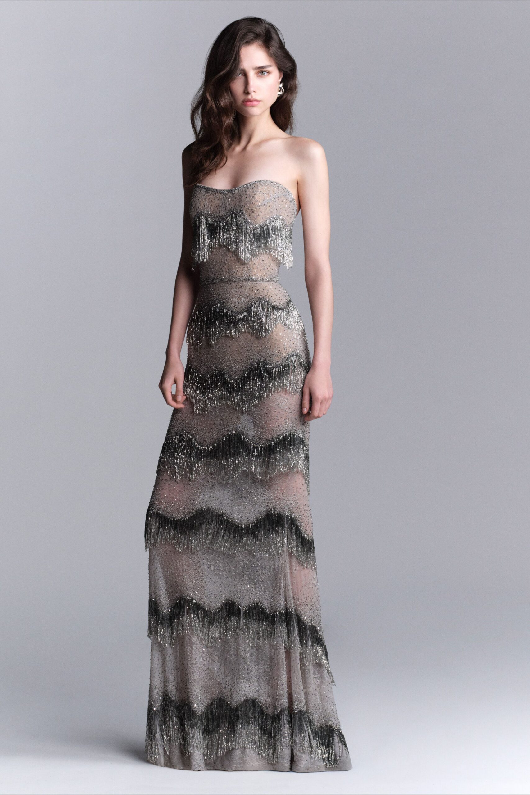 black and beige sequined gown