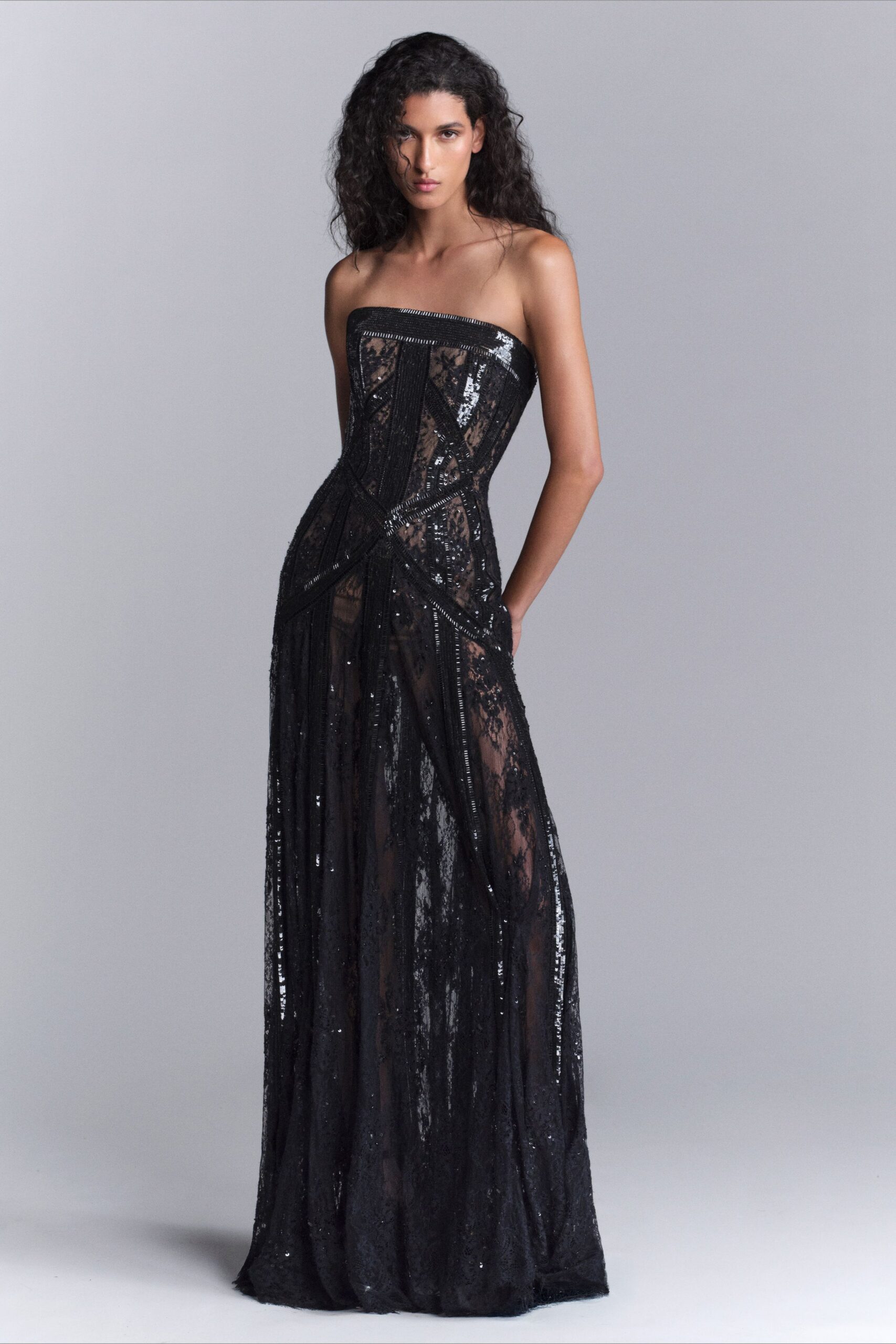black lace sequin strapless gown