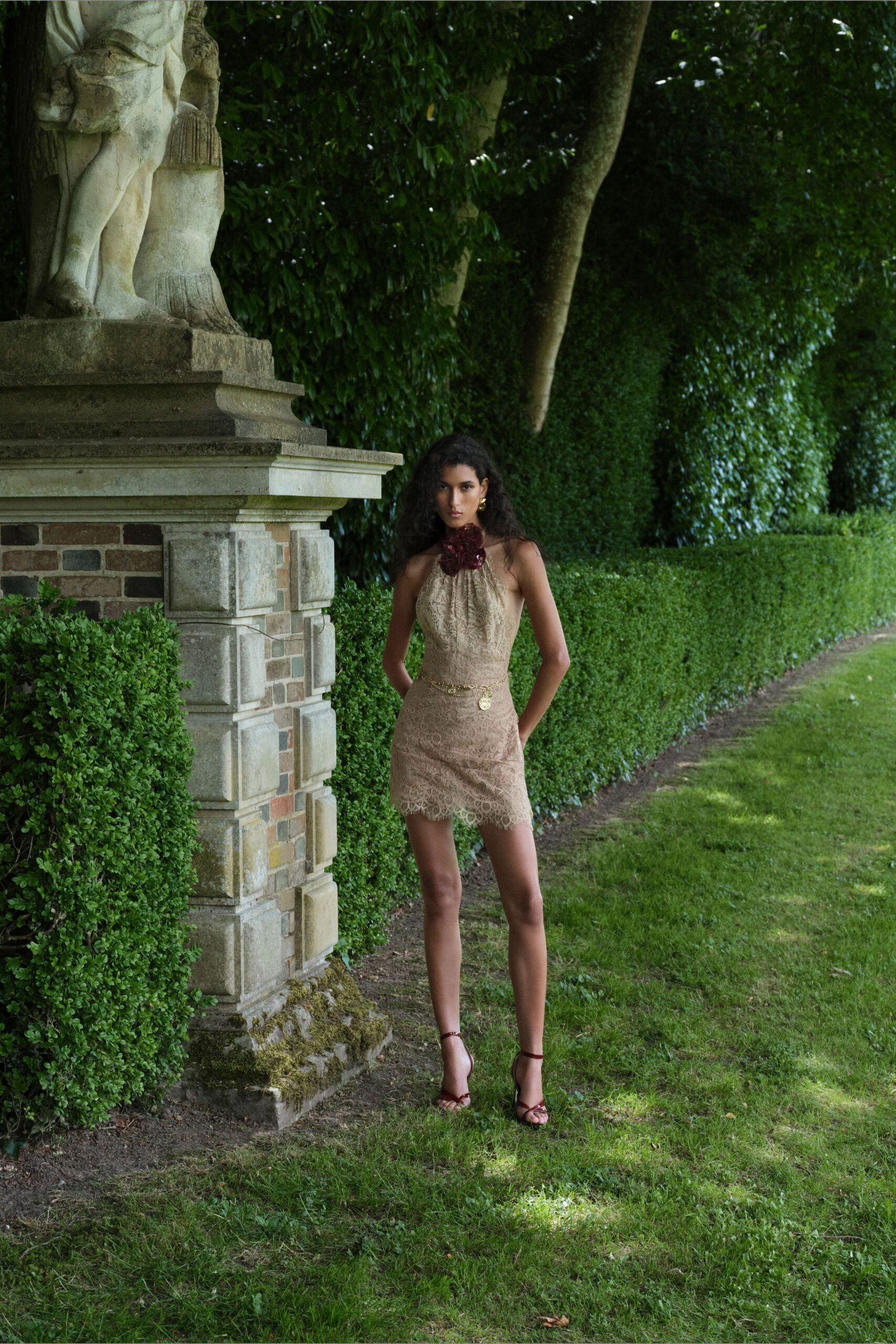 beige lace sleeveless high-neck fitted embroidered mini dress