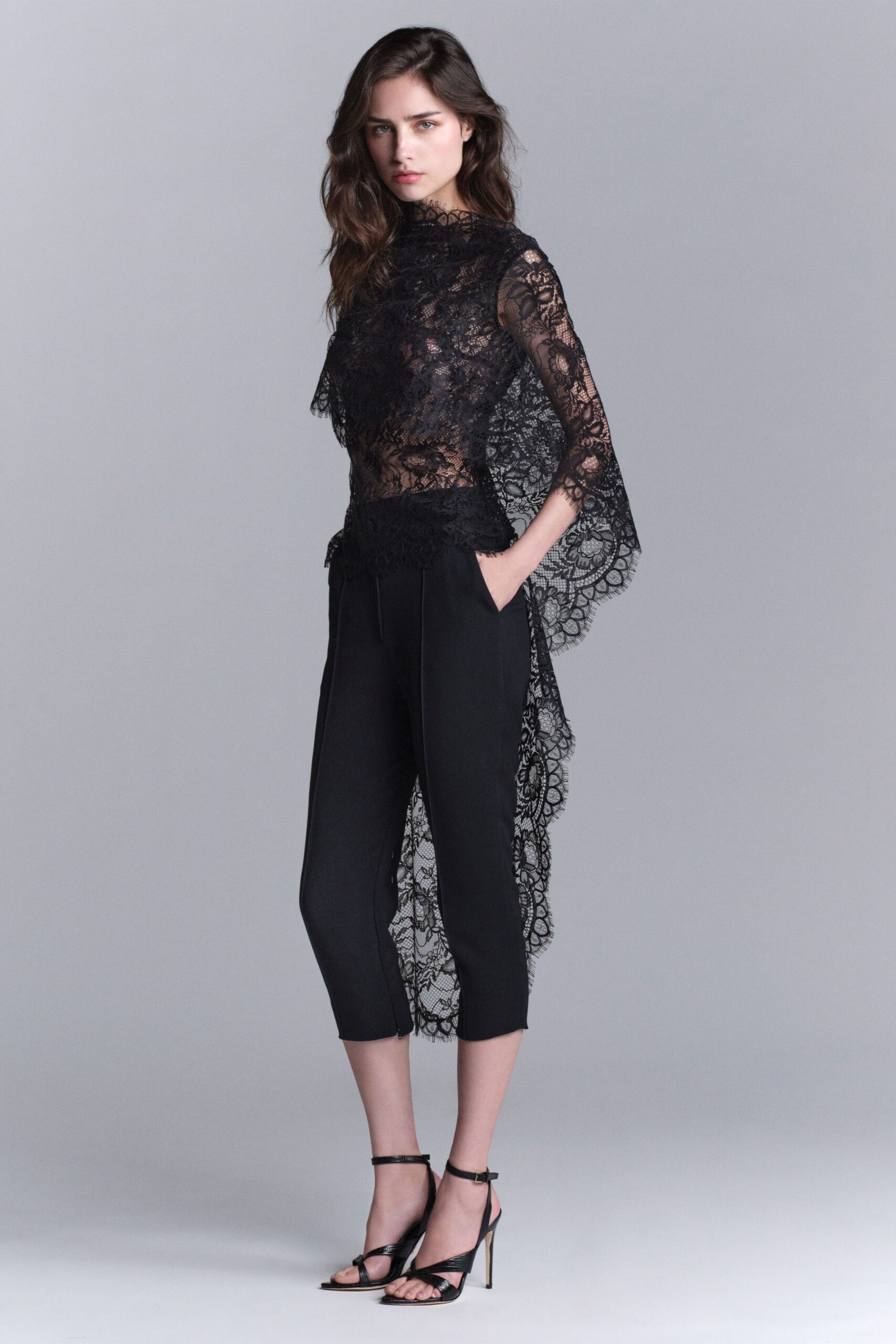 black lace long-sleeve high-neck fitted layered sheer top