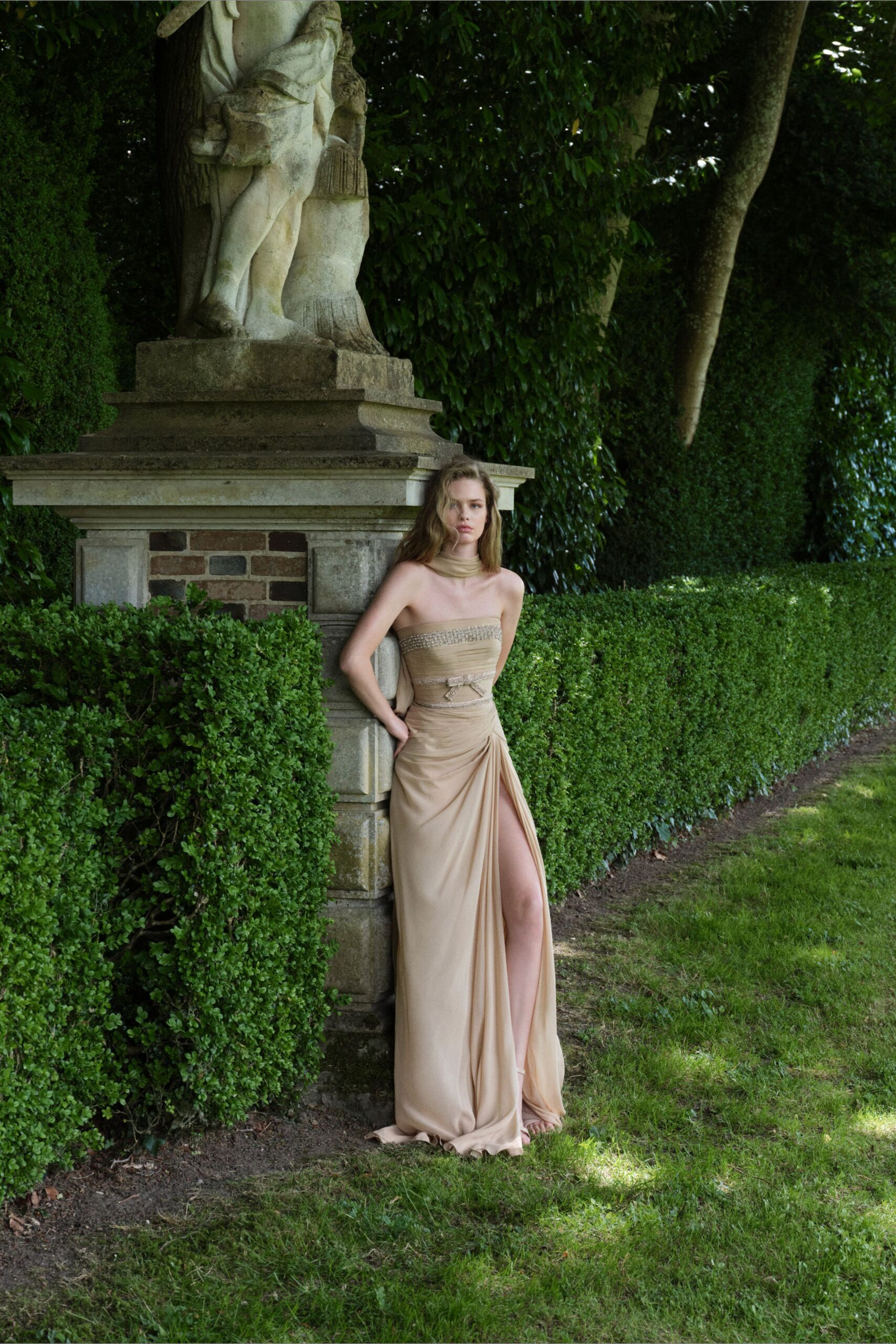 beige silk strapless gown