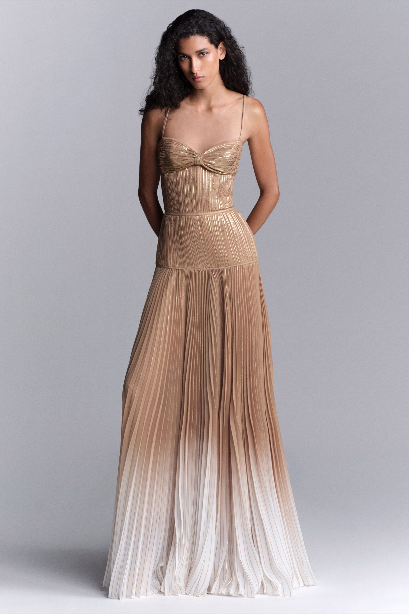 gold beige pleated gown
