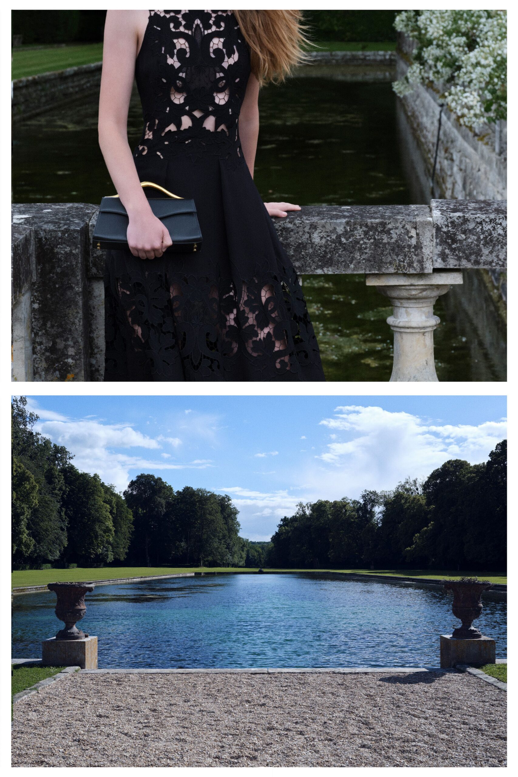 black lace sleeveless high-neck fitted embroidered flared dress